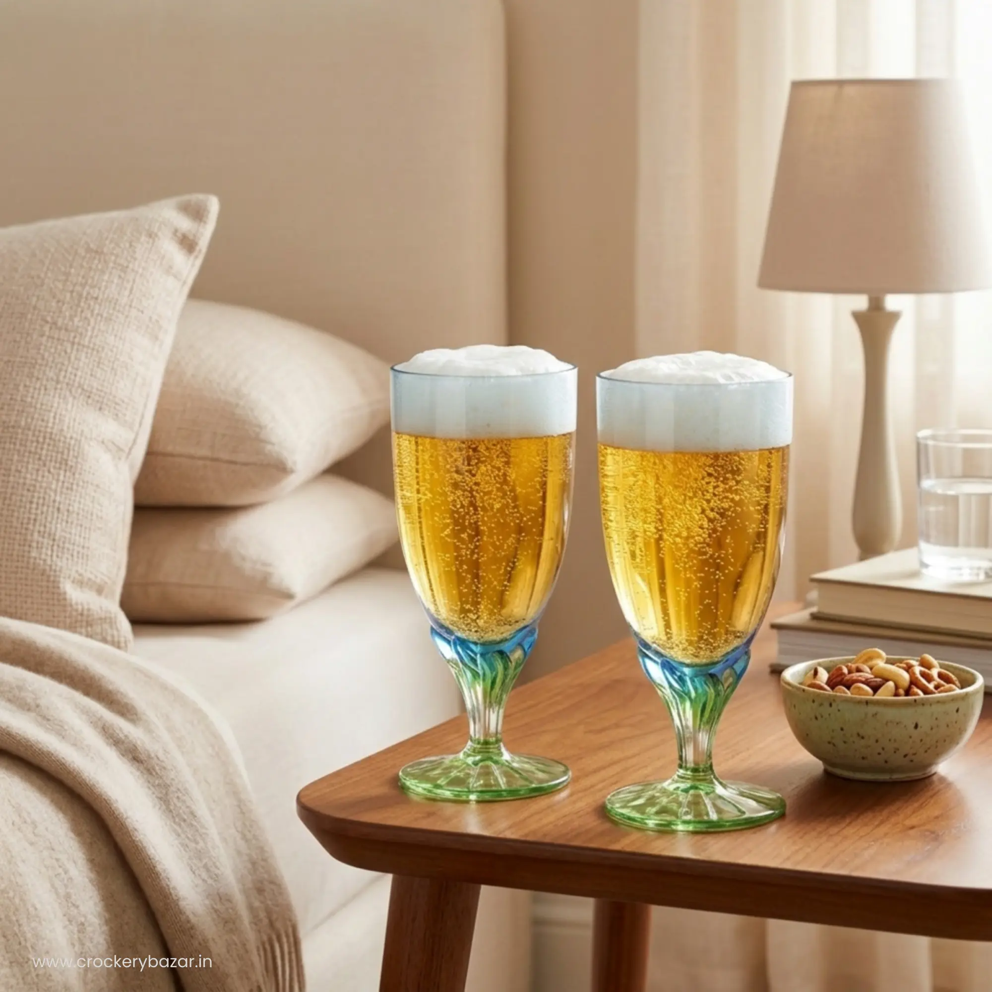 Set of 2 Bormioli Rocco Bahia 540ml glasses on a wooden side table by a bed