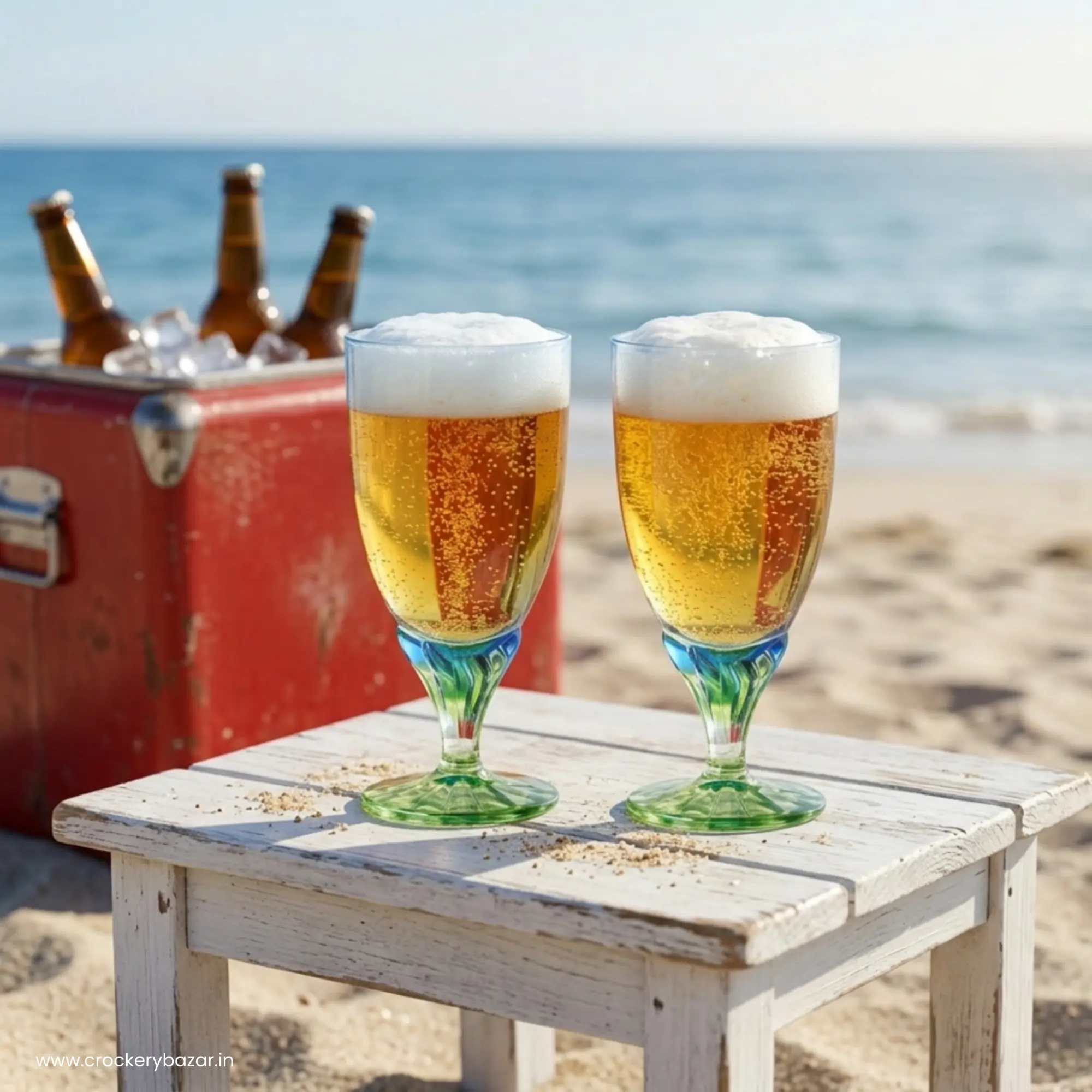 Two Bormioli Rocco Bahia beer glasses filled with chilled beer on a beach table — Premium beer glasses set of 2