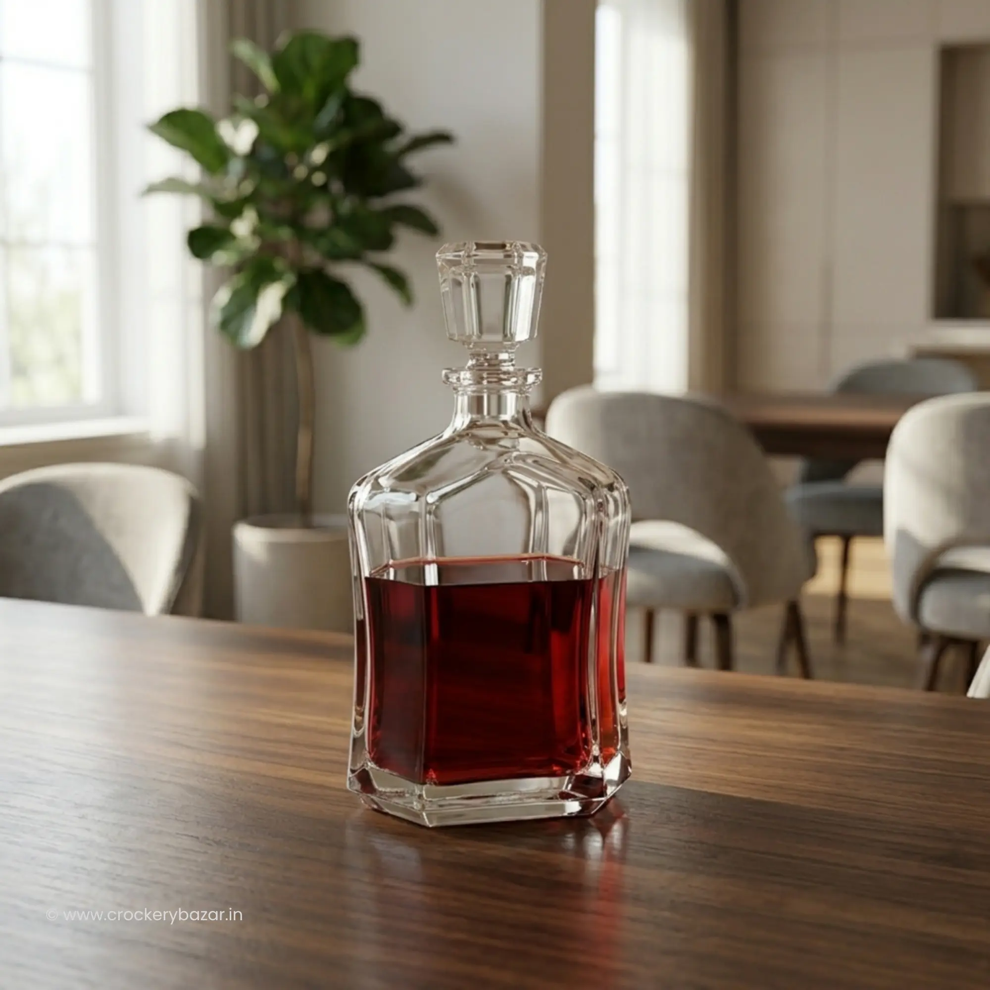 Premium Bormioli Rocco Capitol decanter for whiskey used for serving red wine on a wooden table