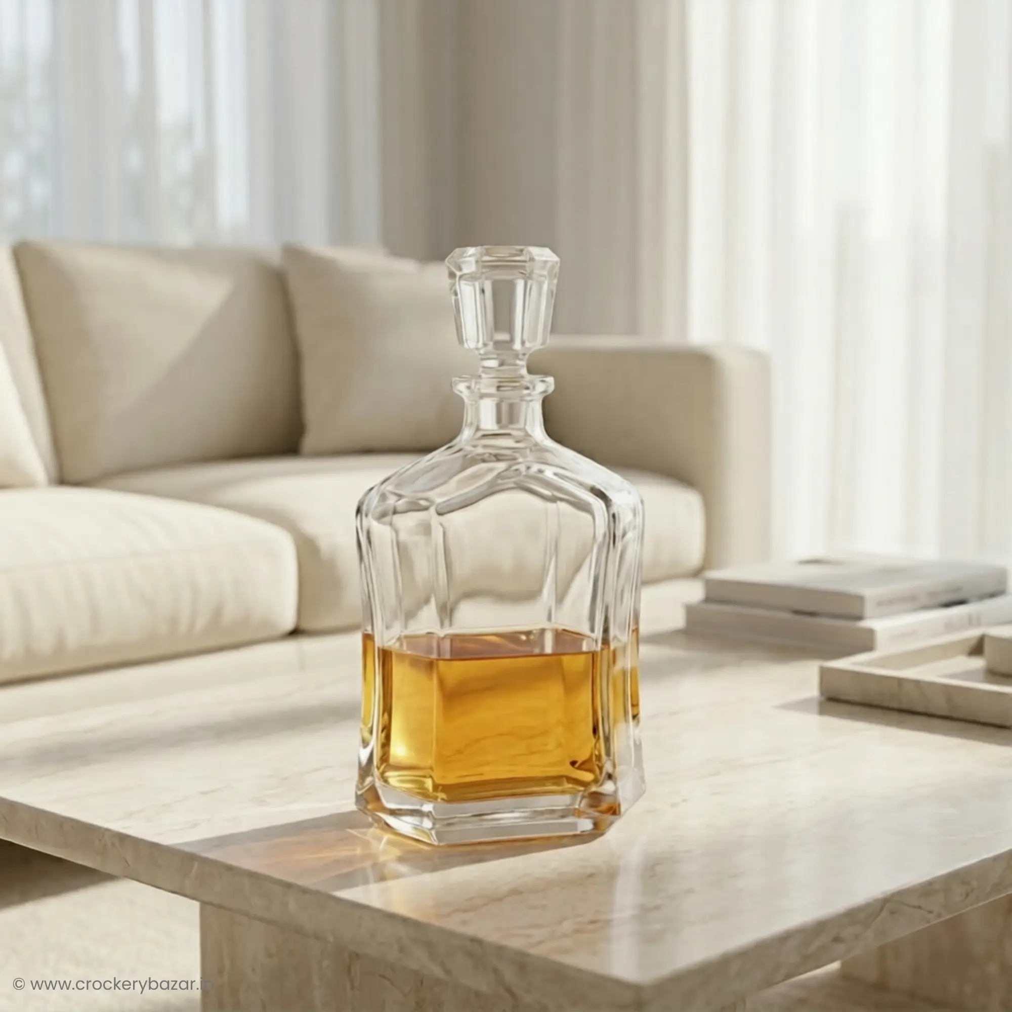Premium Bormioli Rocco Capitol decanter for whiskey styled on a marble coffee table
