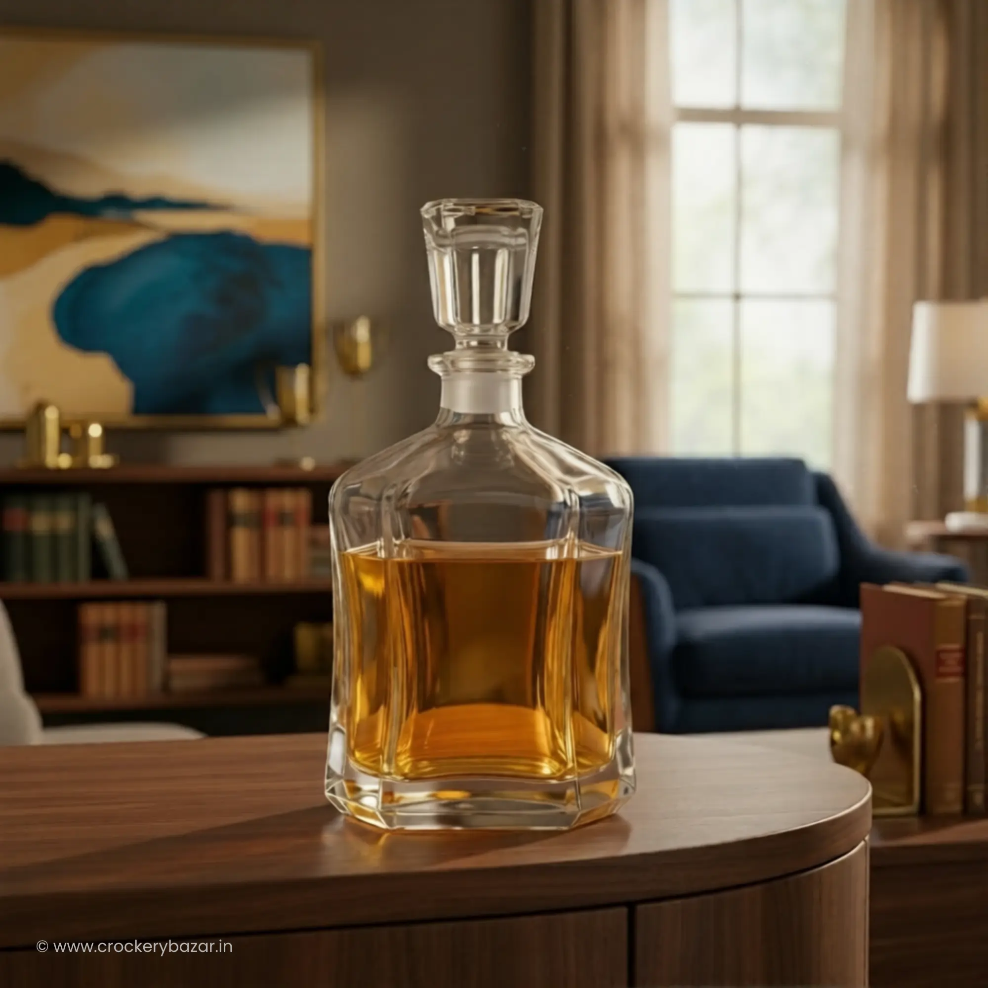 Premium Bormioli Rocco Capitol decanter for whiskey styled in a luxury home library setting