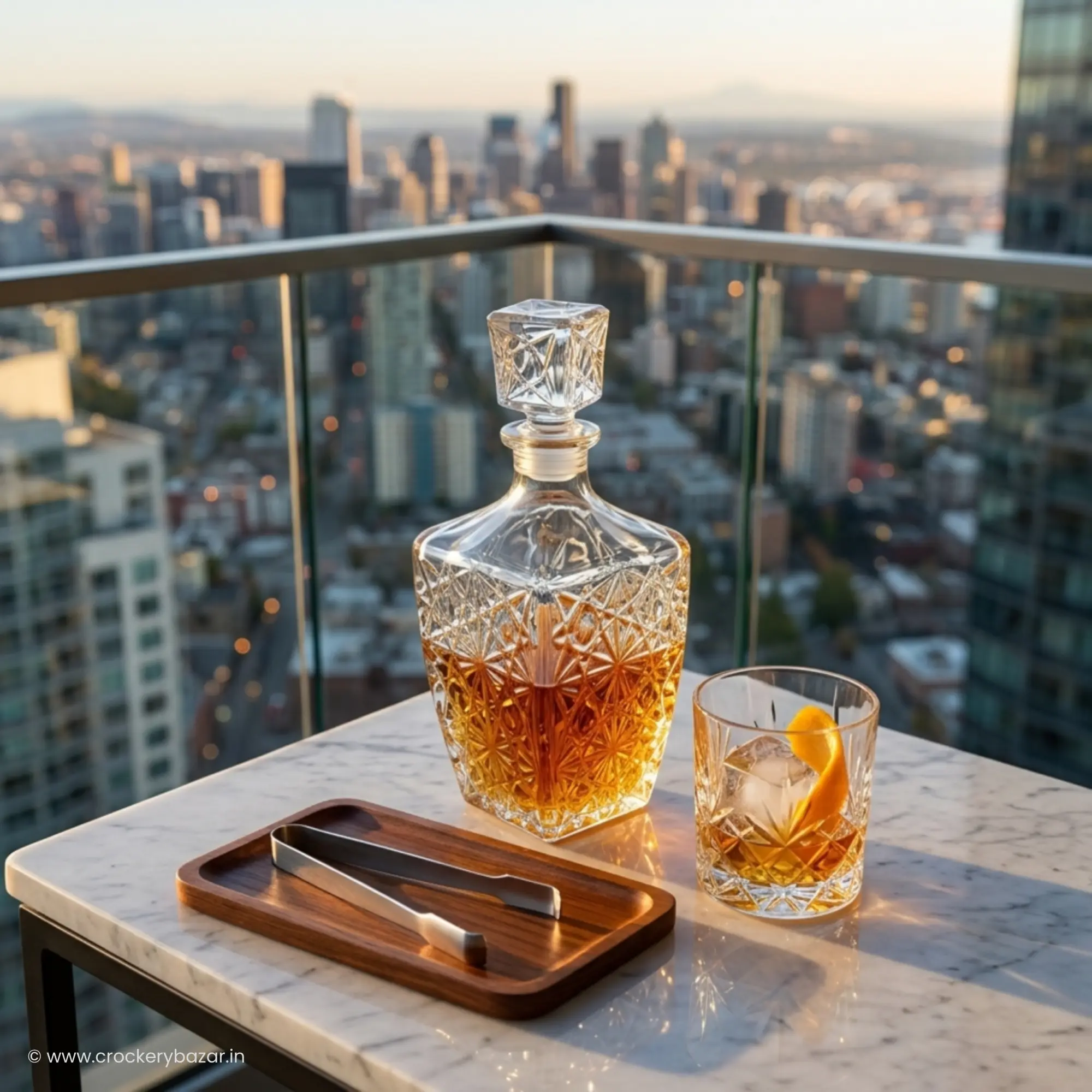 Bormioli Rocco Dedalo 780ml whiskey decanter with scotch on apartment balcony table setup