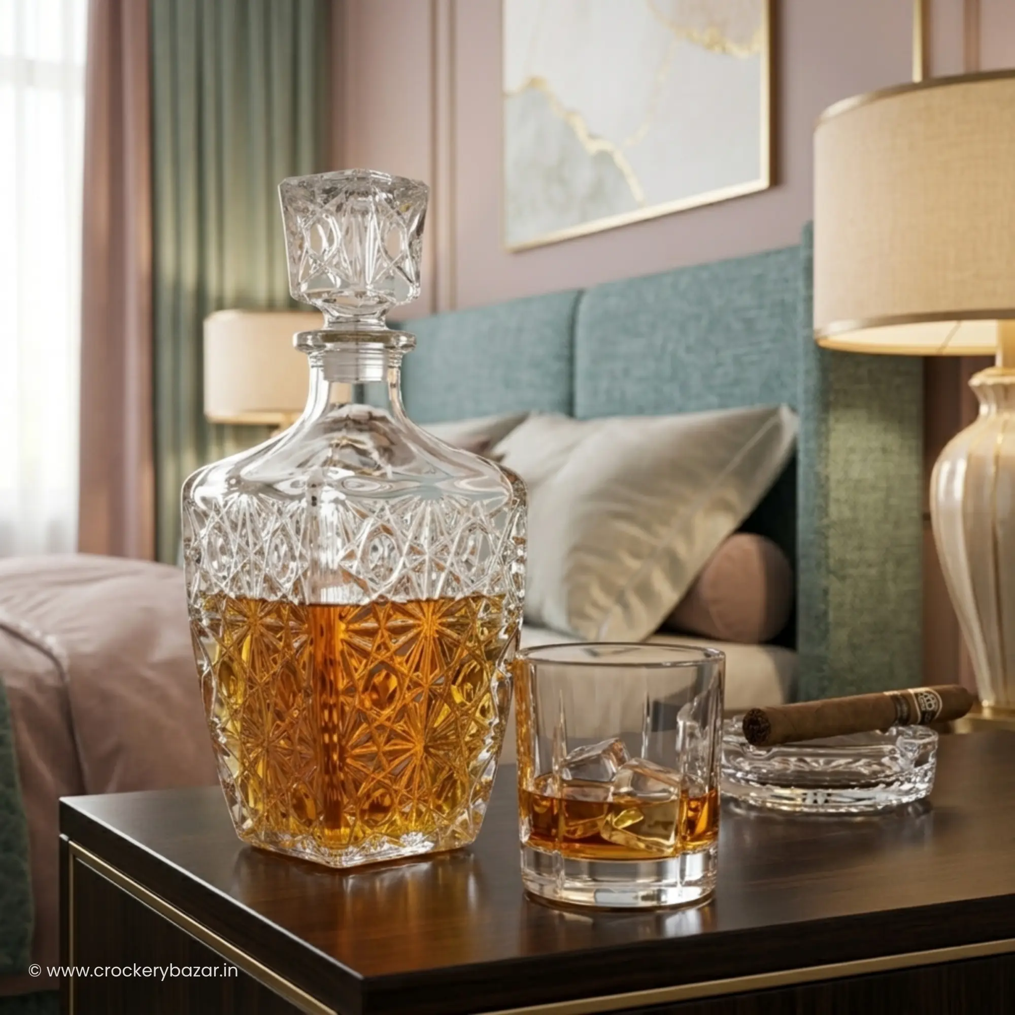 Bormioli Rocco Dedalo 780ml whiskey decanter with glass and cigar on bedside table setting