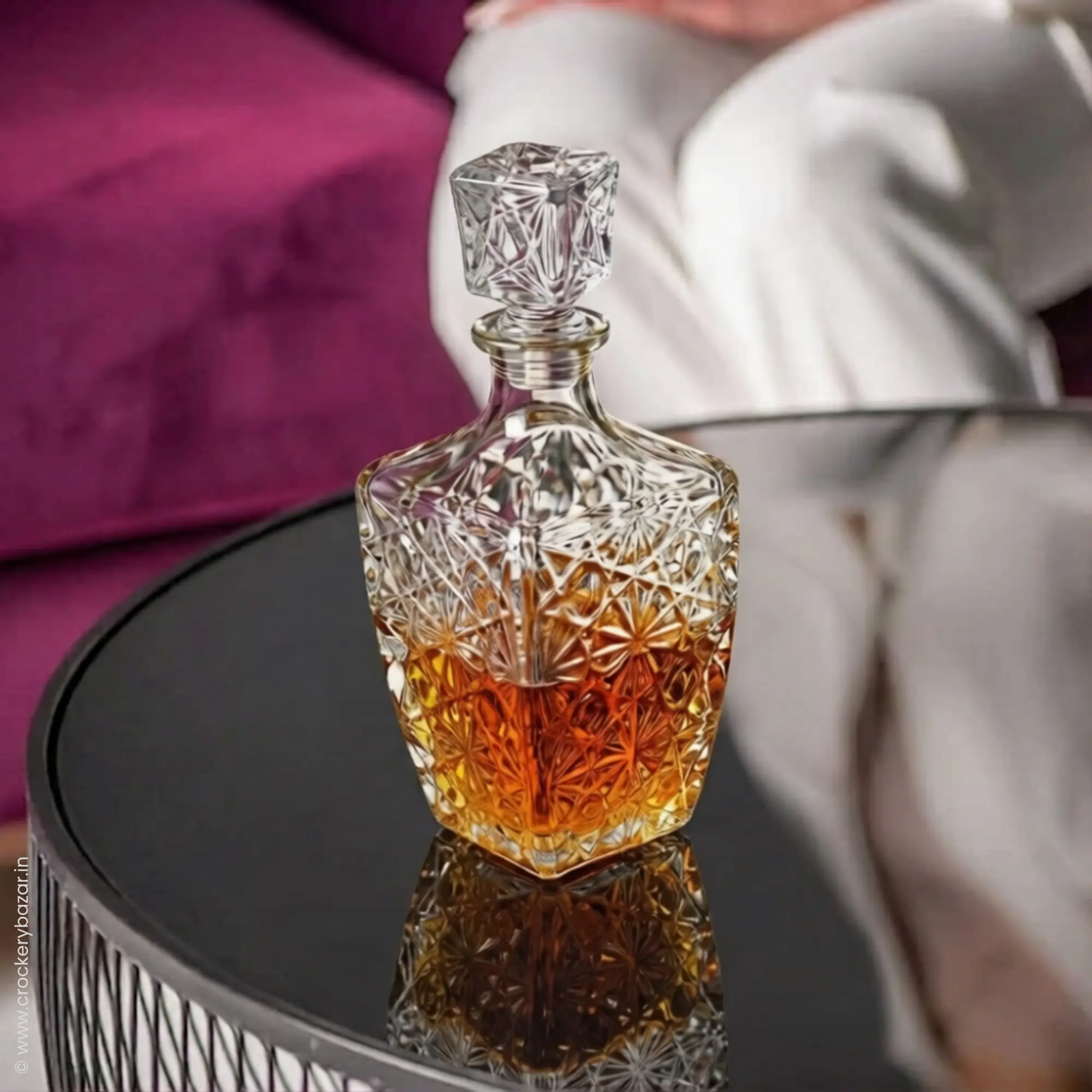 Bormioli Rocco Dedalo 780ml whiskey decanter with scotch in luxury lifestyle setting