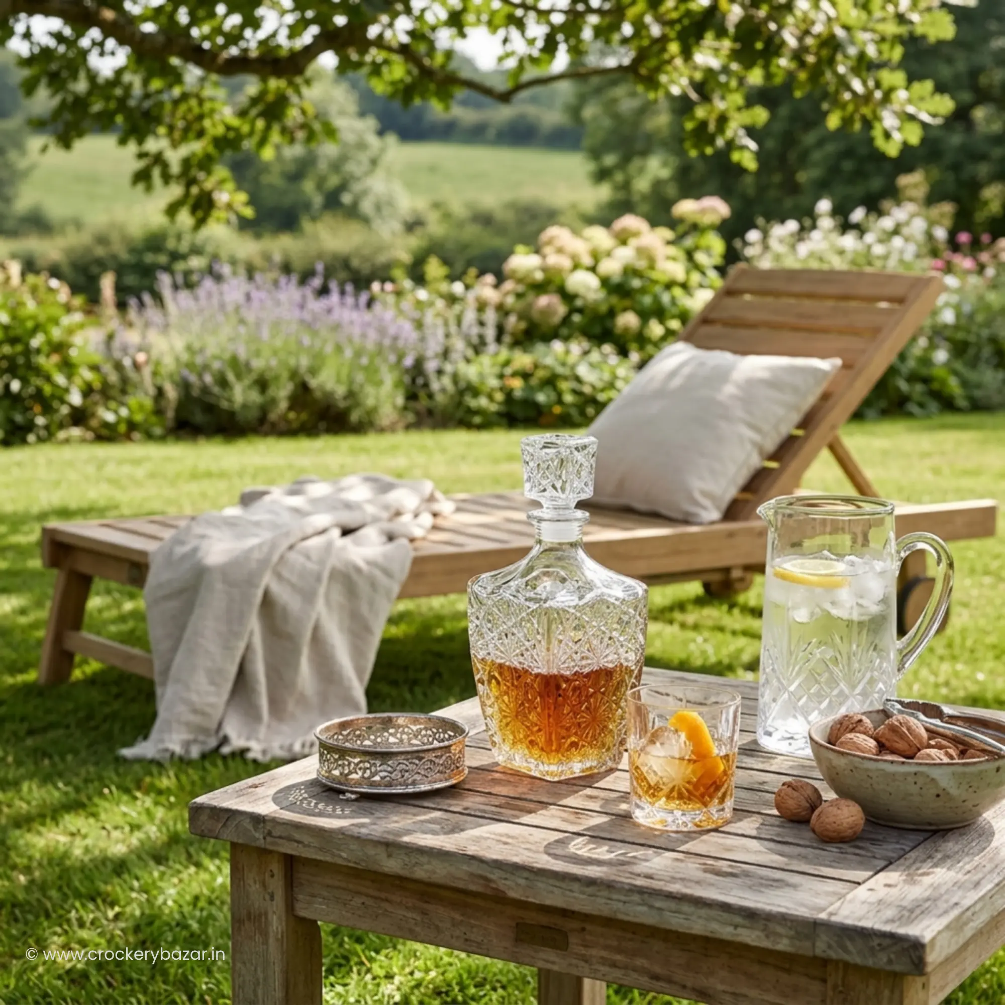 Bormioli Rocco Dedalo 780ml whiskey decanter with bourbon on outdoor lawn table setting