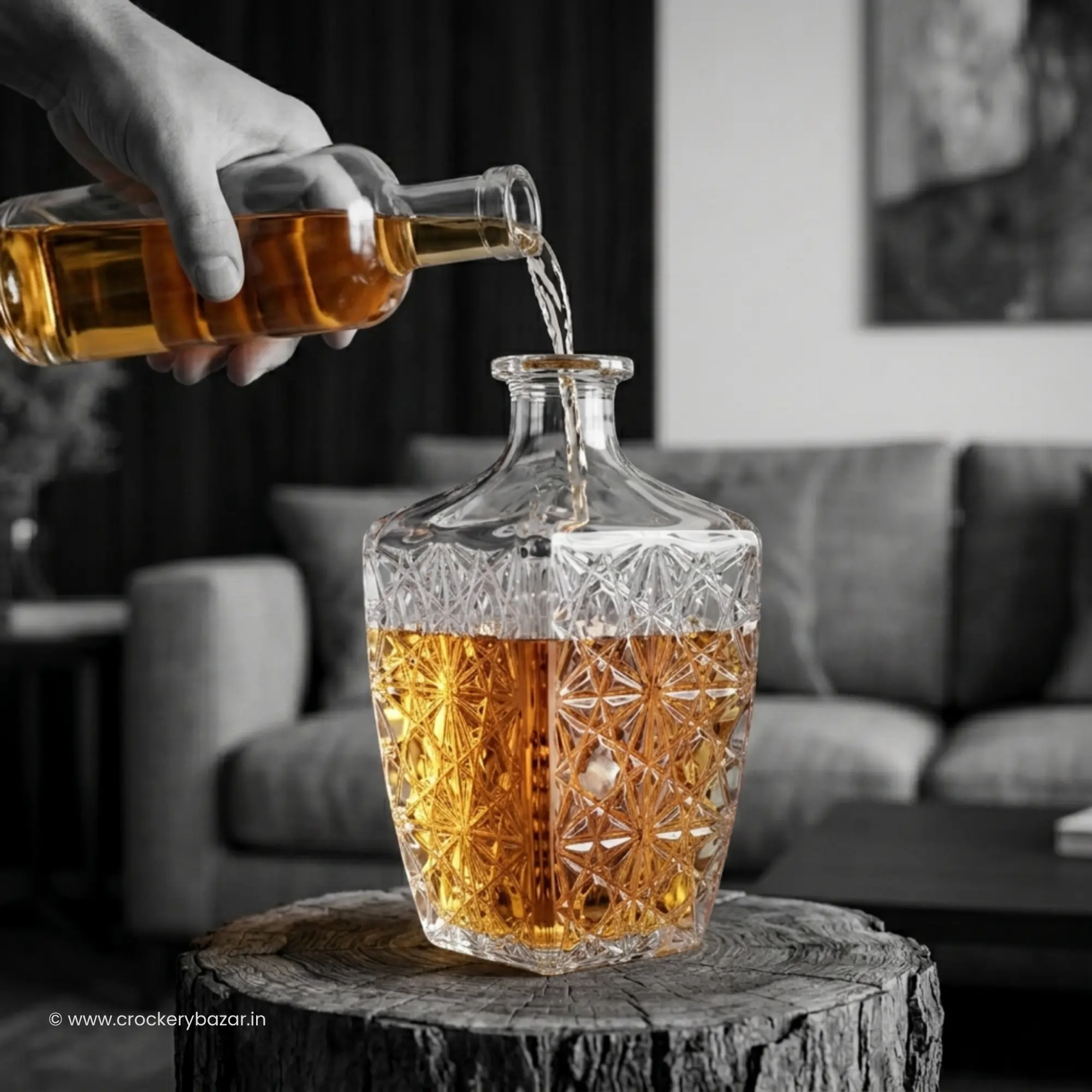 Bormioli Rocco Dedalo 780ml whiskey decanter being filled with whiskey in dramatic lifestyle pour scene