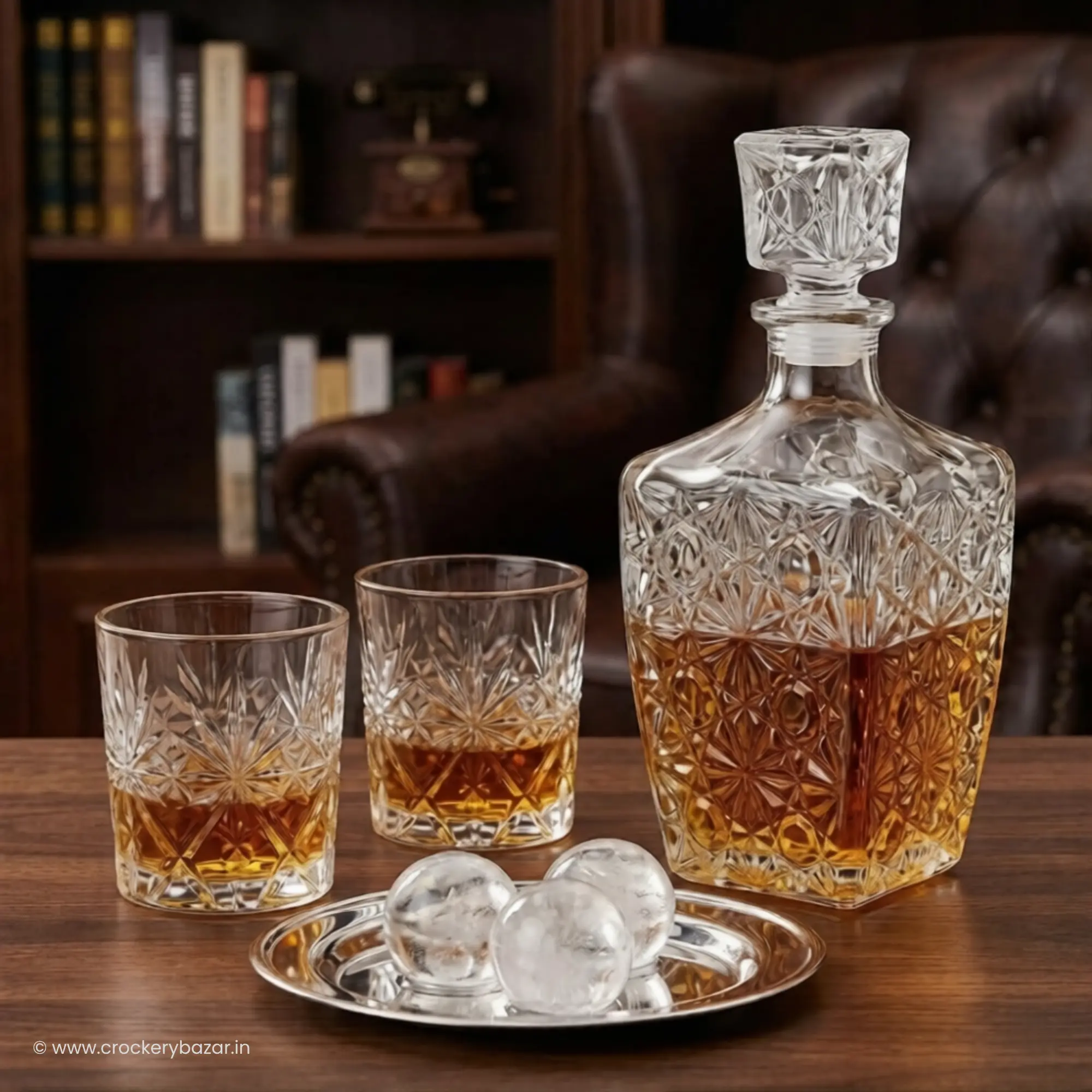Bormioli Rocco Dedalo whiskey decanter with glasses and ice on home bar counter