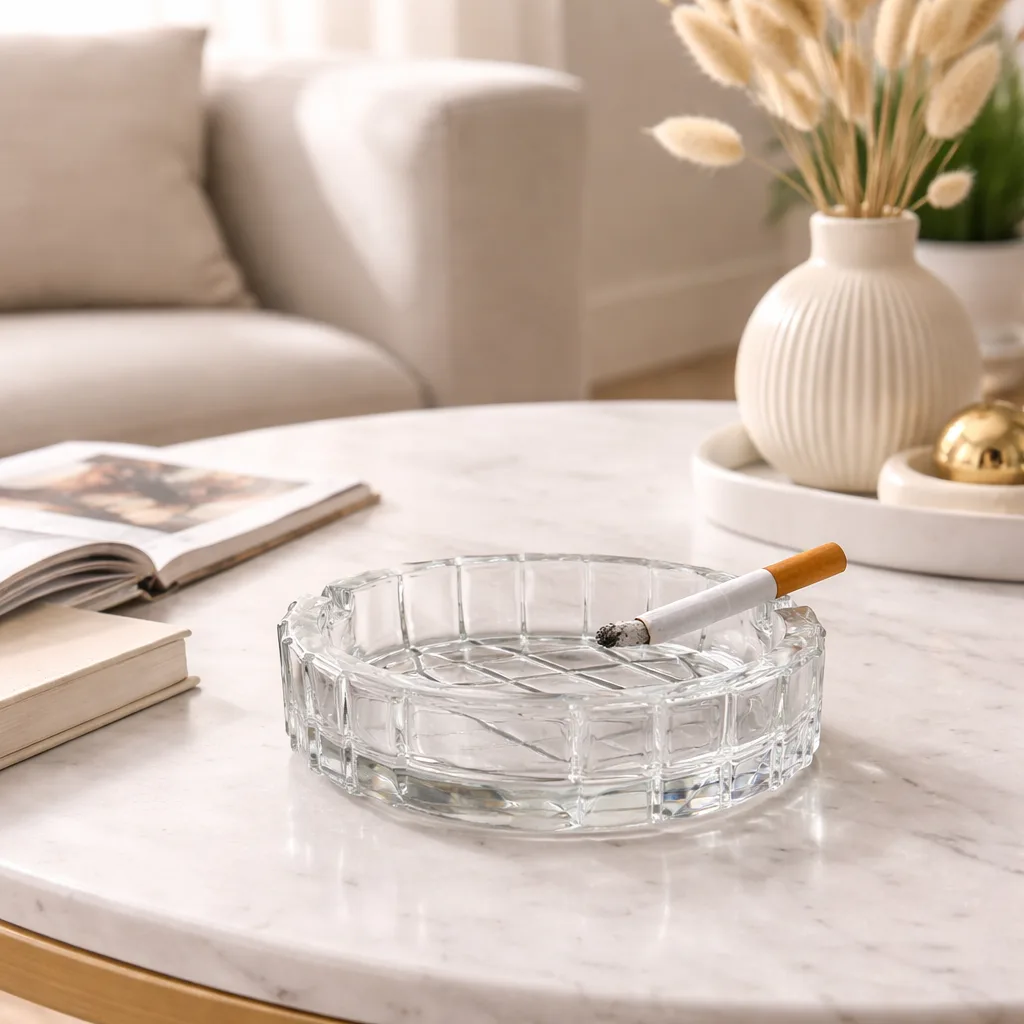 premium glass ashtray by Bormioli Rocco in a large 15cm size featuring a heavy grid-patterned Italian glass design and two cigarette placement ports.