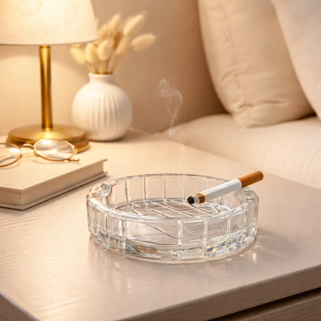 Premium glass ashtray by Bormioli Rocco in a large 15cm size, featuring a thick grid-patterned Italian glass design with a lit cigarette resting in one of its two placement ports.
