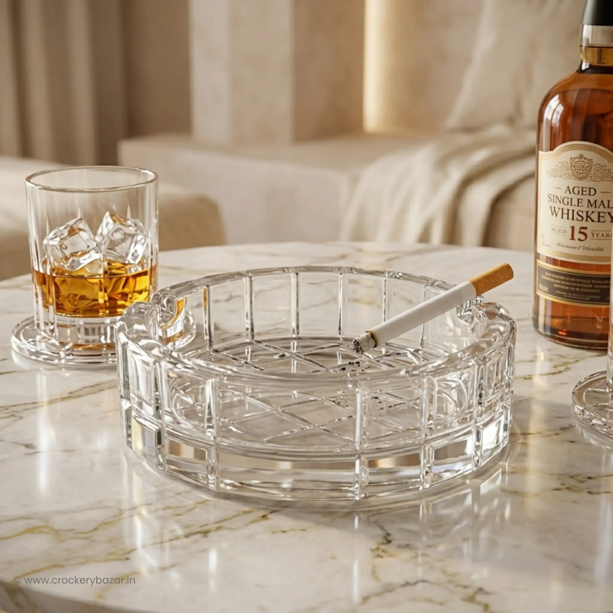 Premium glass ashtray by Bormioli Rocco displayed on a marble home bar counter next to a whiskey glass and bottle, highlighting its luxury designer appeal.