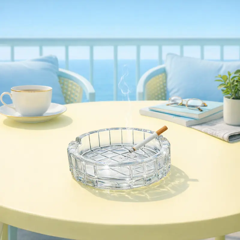A Bormioli Rocco Duemila large glass ashtray sitting on a yellow outdoor terrace table with a cup of tea, a newspaper, and a book, overlooking a blue ocean.