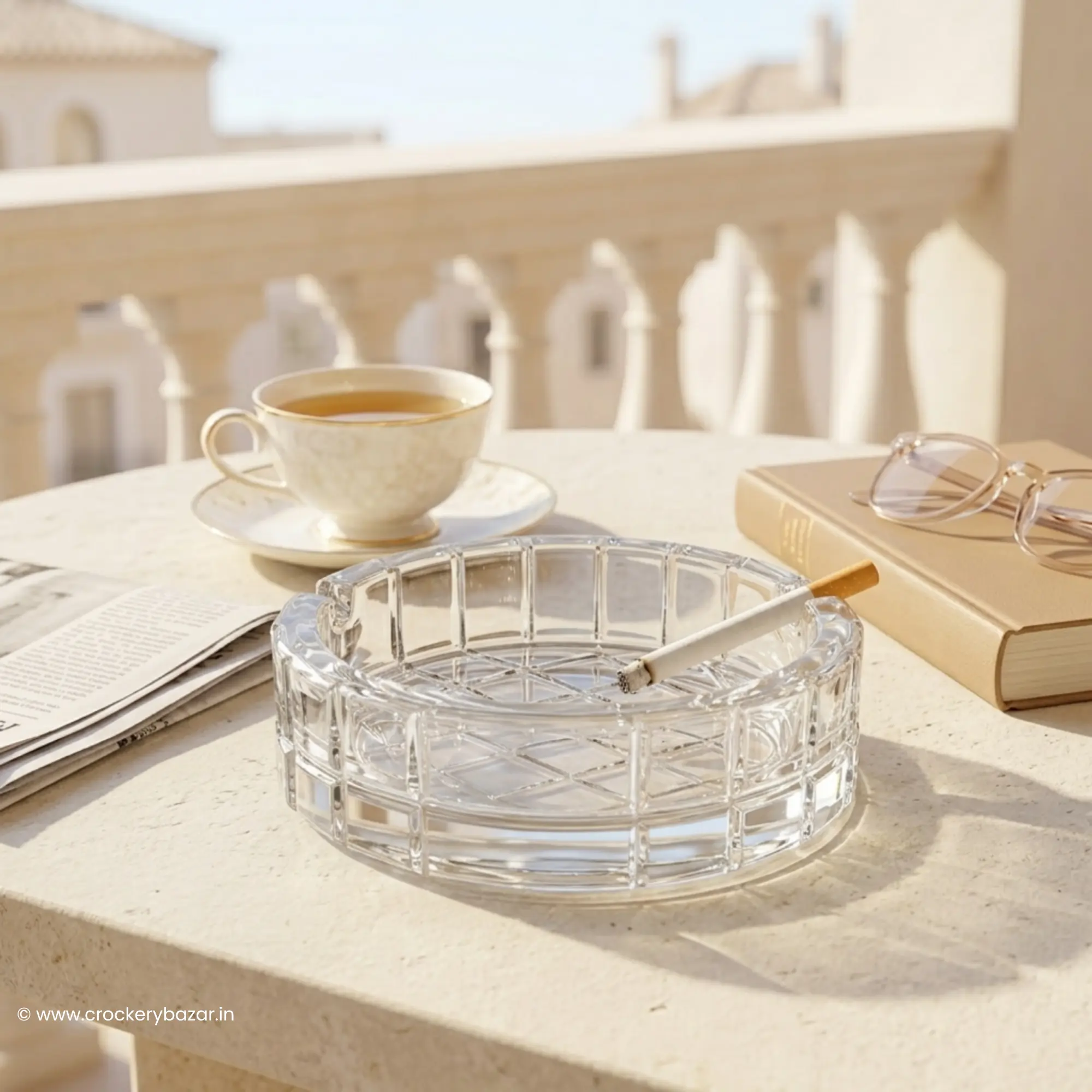 A Bormioli Rocco Duemila big size ashtray sitting on a white stone terrace table during the day with a cup of tea, a newspaper, and a book.