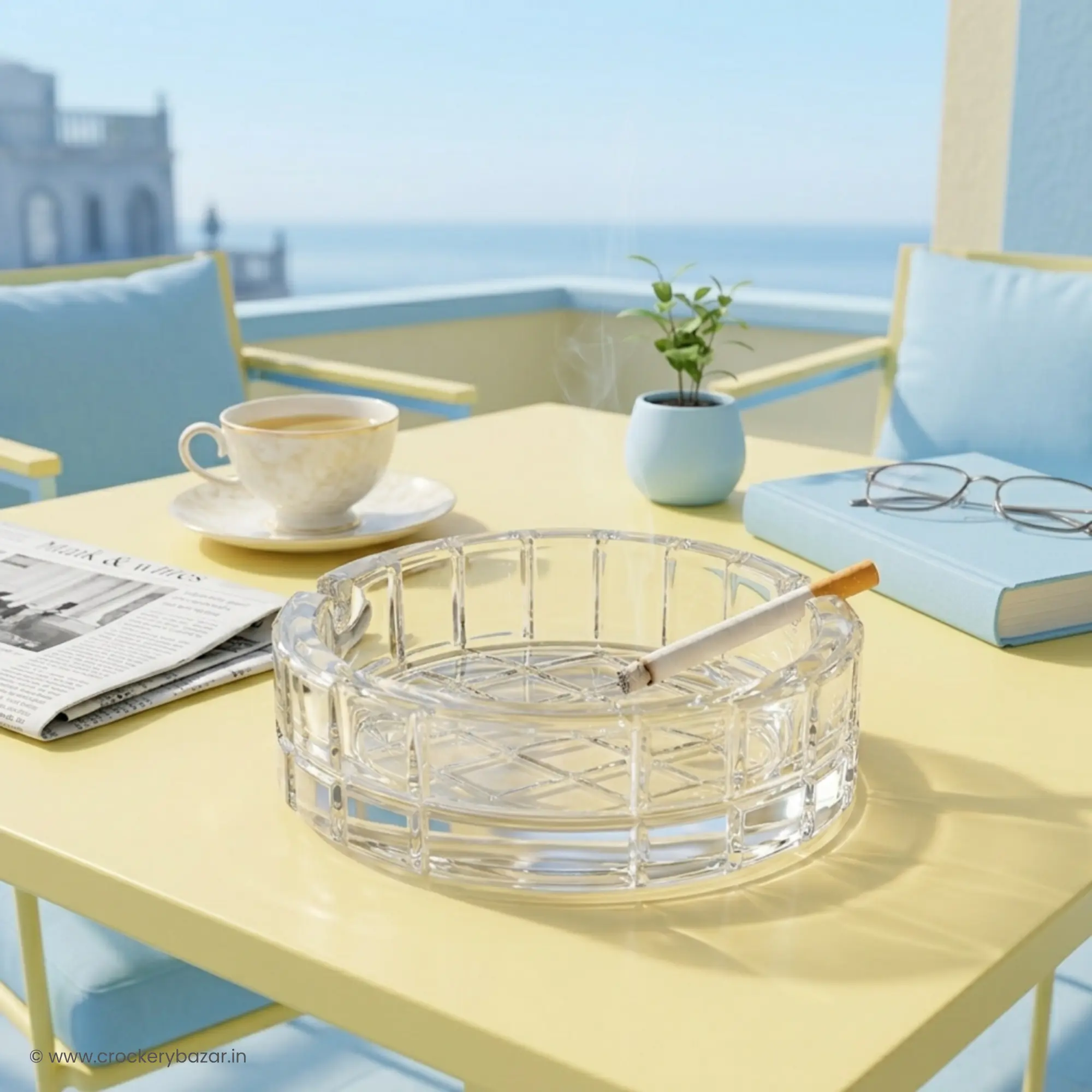 Large glass ashtray by Bormioli Rocco on a sunny outdoor terrace table with a cup of tea, a newspaper, and a book, showcasing its use as a designer ashtray for relaxing environments.