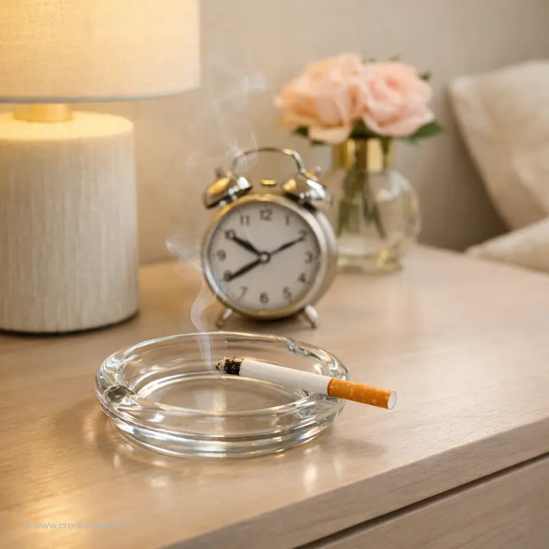 Bormioli Rocco Poker Italian glass ashtray 8cm on a light wood nightstand next to a vintage alarm clock.