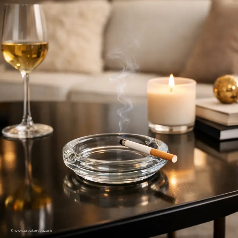 Bormioli Rocco Poker clear glass ashtray on a dark polished center table with a lit candle and wine glass.