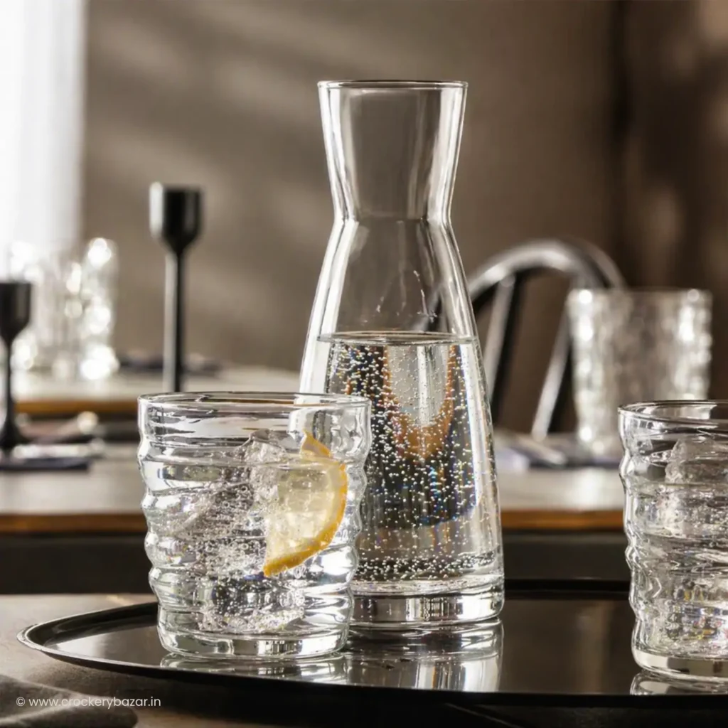 Bormioli Rocco Ypsilon glass carafe for home bar serving vodka cocktail with lime