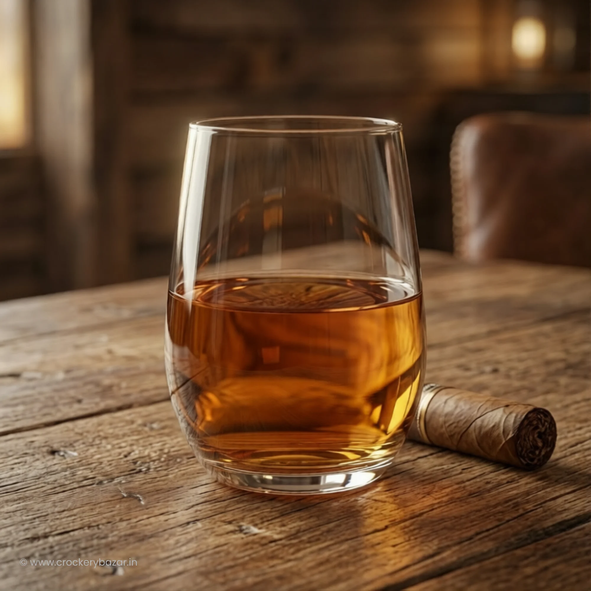 Nadir Dubai whiskey glass 460 ml on the rocks with cigar on vintage wooden table