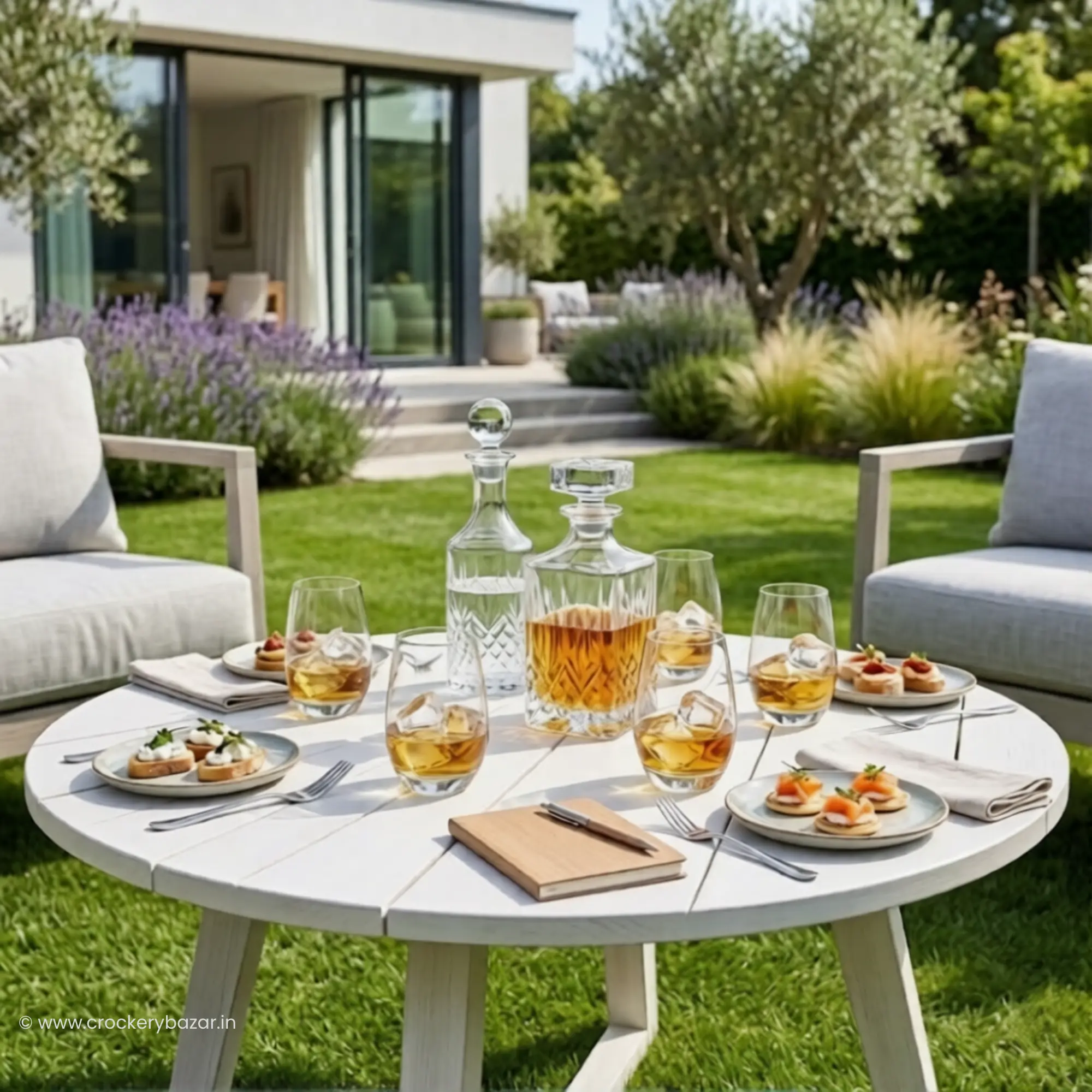 Nadir Figueiredo Dubai whiskey glasses 460 ml set on outdoor table with decanter in garden