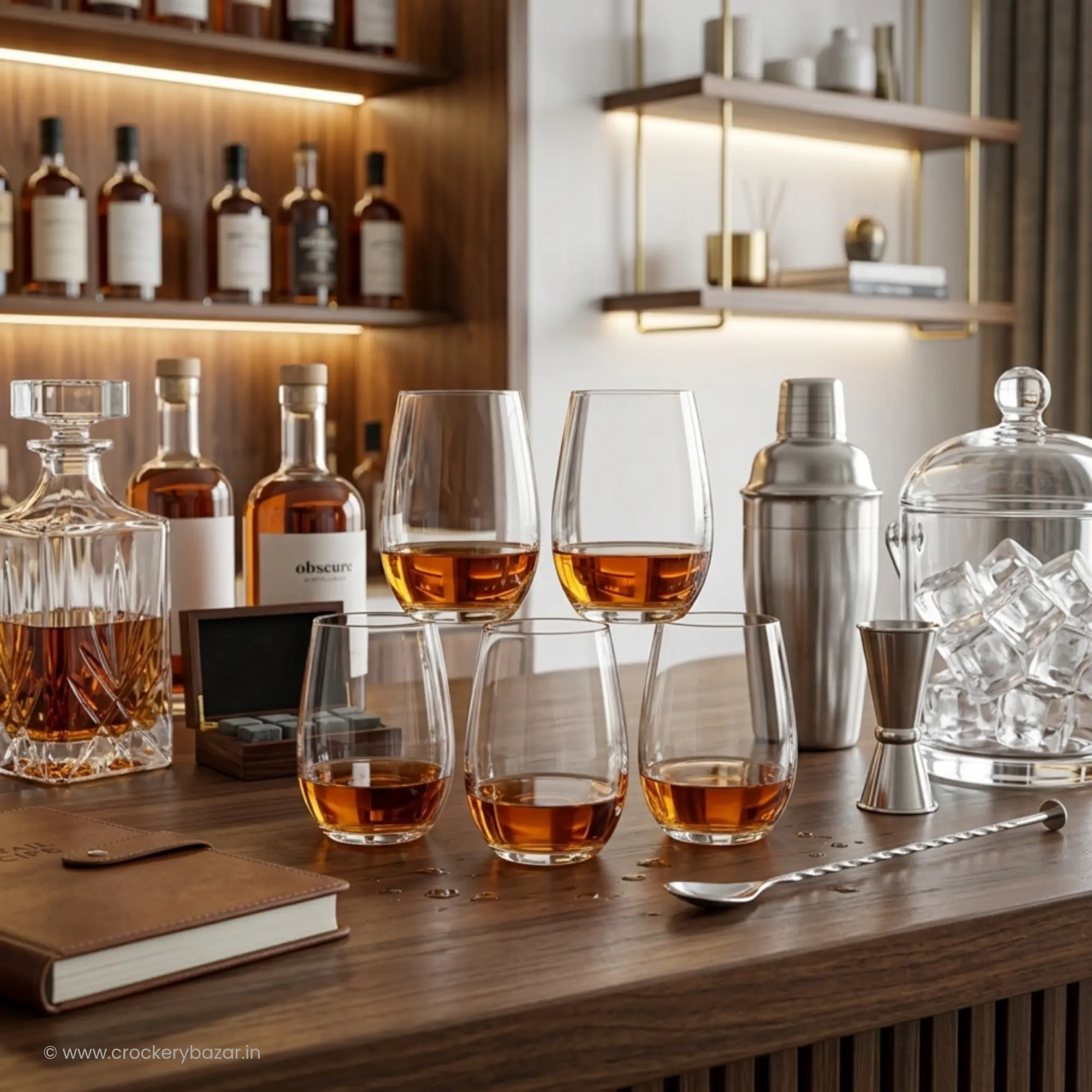 Nadir Figueiredo Dubai 460 ml lightweight whiskey glasses on luxury home bar counter with decanter