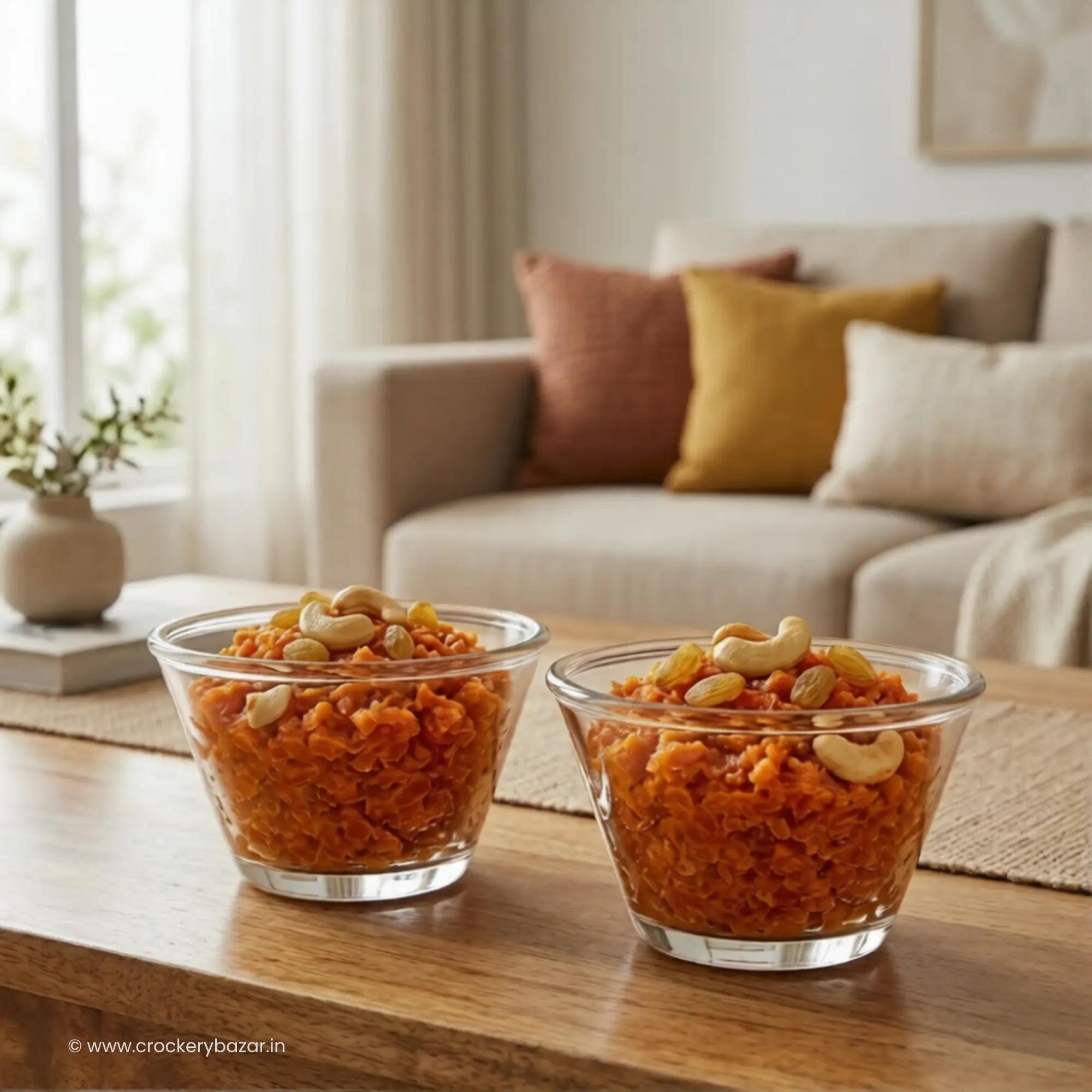 A snacks and dessert bowl set of Nadir Figueiredo Poli 170 ml glass bowls filled with gazar pak and topped with cashews, placed on a wooden center table in a cozy living room.