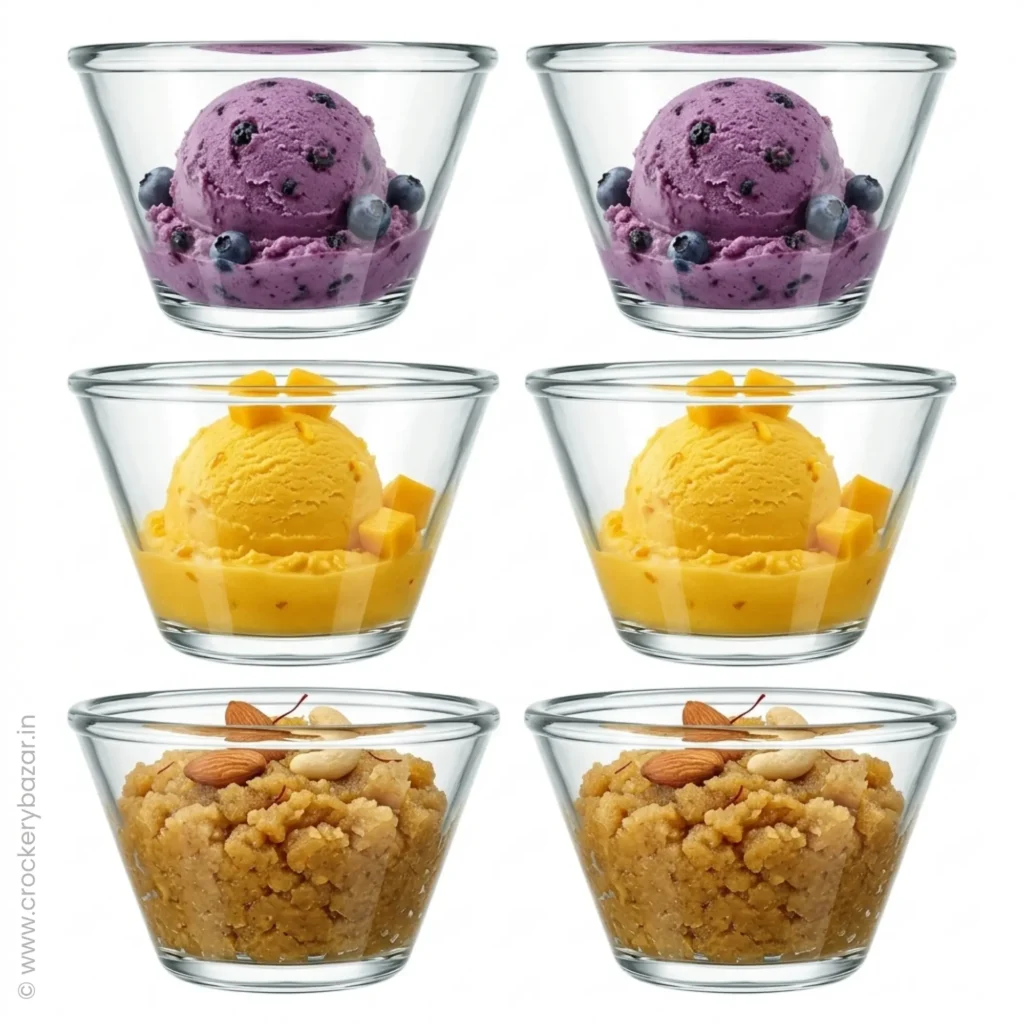 snacks and dessert bows set - A high-resolution snacks and dessert bowl set of 6 (Nadir Figueiredo Poli, 170 ml), filled with blueberry ice cream, mango sorbet, and traditional halwa with nuts,sold by crockery bazar