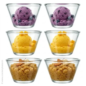 snacks and desserts bowl - A high-resolution snacks and dessert bowl set of 6 (Nadir Figueiredo Poli, 170 ml), filled with blueberry ice cream, mango sorbet, and traditional halwa with nuts,sold by crockery bazar