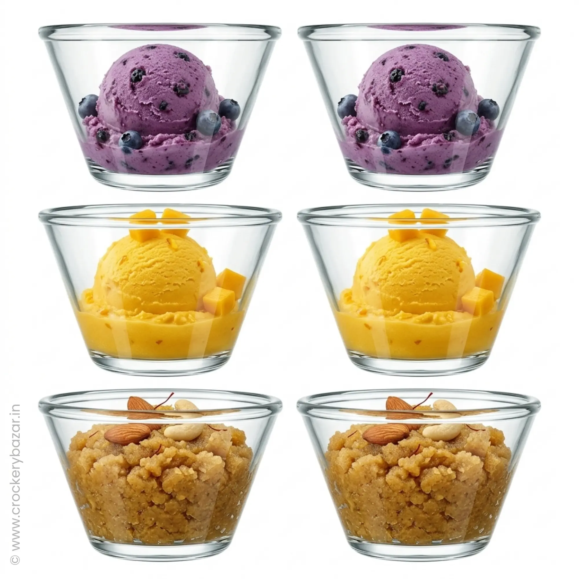 snacks and desserts bowl - A high-resolution snacks and dessert bowl set of 6 (Nadir Figueiredo Poli, 170 ml), filled with blueberry ice cream, mango sorbet, and traditional halwa with nuts,sold by crockery bazar