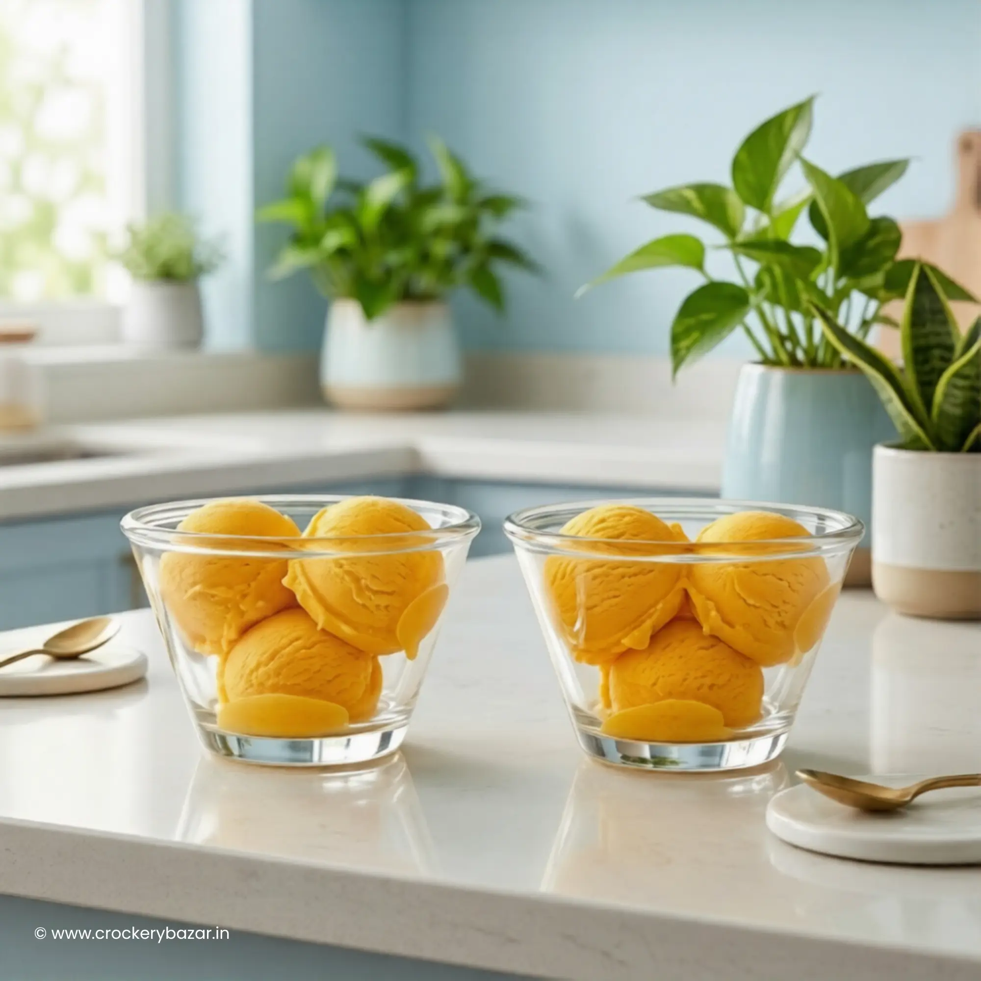 A snacks and dessert bowl set by Nadir Figueiredo featuring mango sorbet scoops in 170 ml glass bowls, displayed on a modern white kitchen counter with greenery in the background.