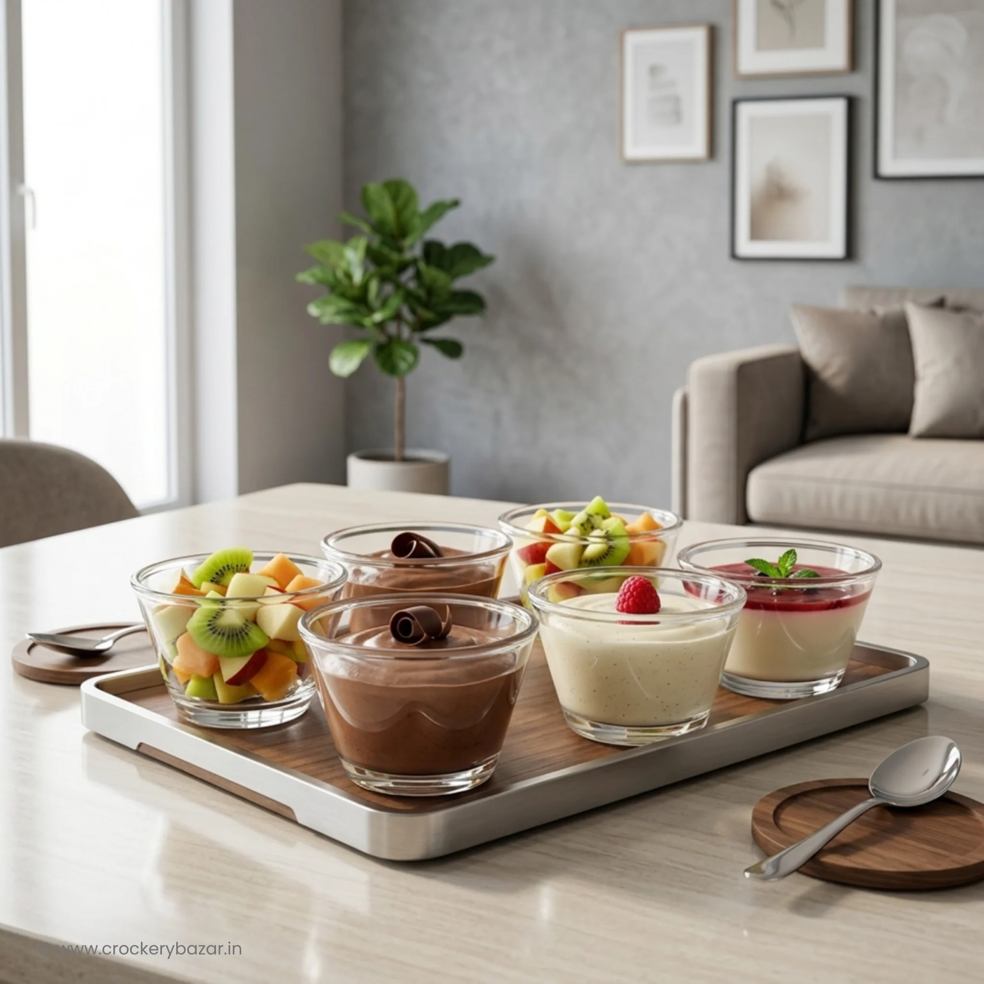 A snacks and dessert bowl set of 6 Nadir Figueiredo Poli 170 ml glass bowls featuring chocolate mousse, fruit salad, and vanilla pudding on a premium wooden serving tray.
