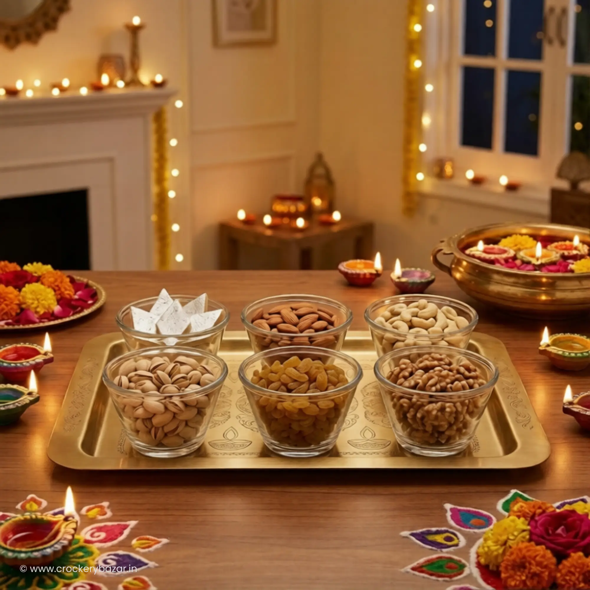 A snacks and dessert bowl set for Diwali gift featuring Nadir Figueiredo Poli small glass bowls filled with almonds, cashews, pistachios, and kaju katli on a golden tray with festive diyas and rangoli.