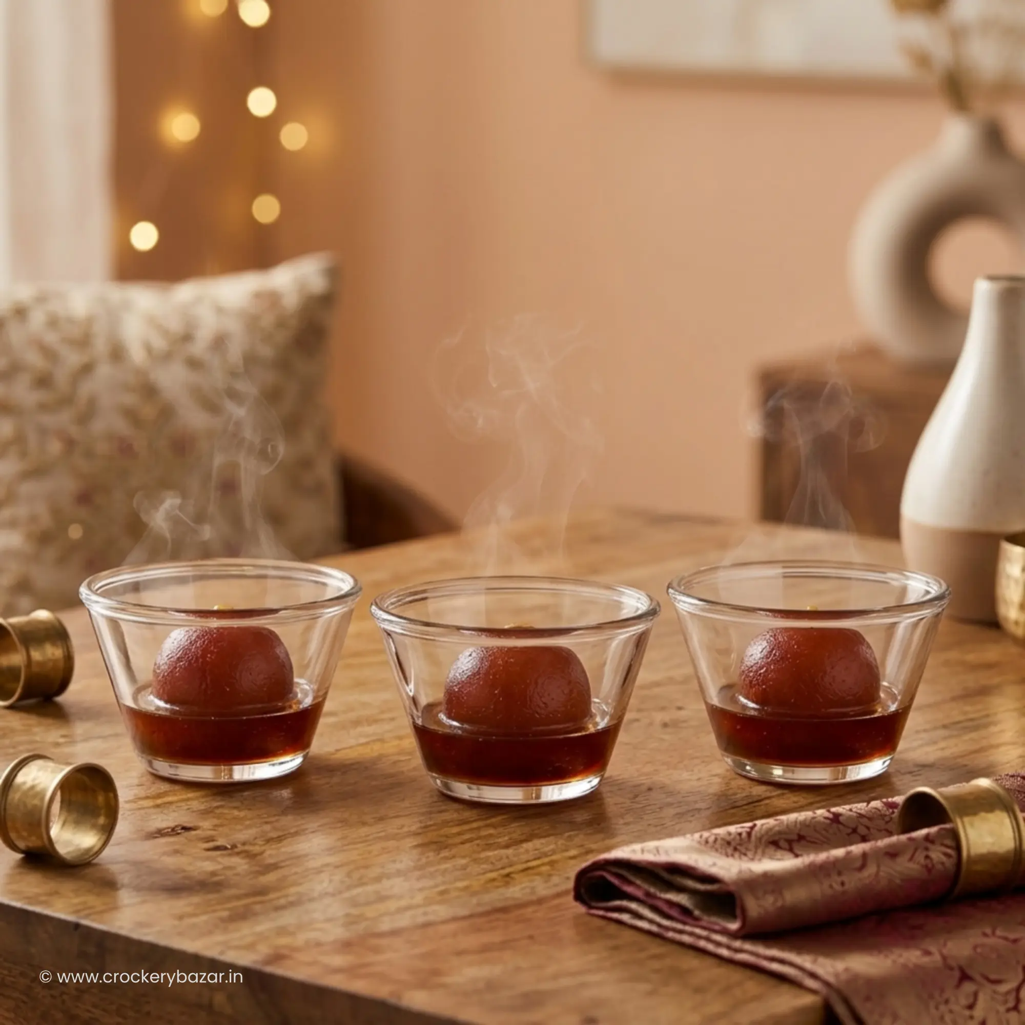A snacks and dessert bowl set featuring steaming hot gulab jamuns in Nadir Poli 170 ml glass bowls, arranged on a wooden table with festive decor to showcase elegant Indian serving.