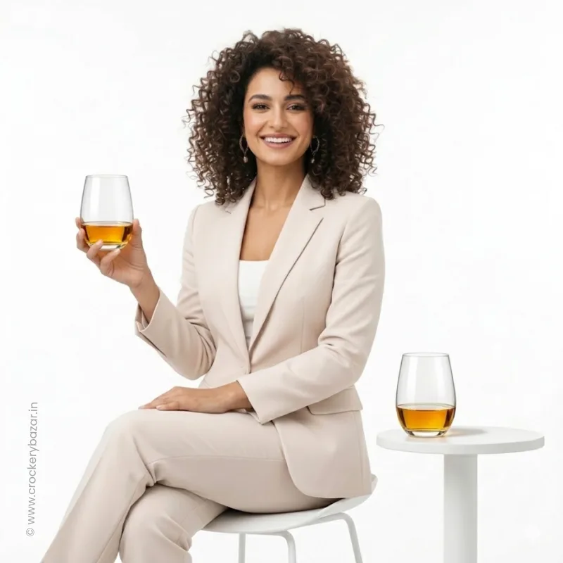 Premium whiskey glasses by Nadir Figueiredo Dubai 460ml displayed in studio with model holding glass
