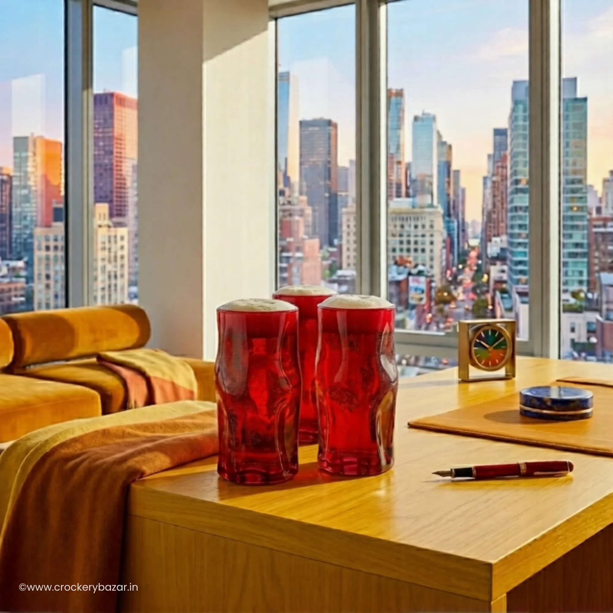 Imported Bormioli Rocco red beer glasses set displayed in modern luxury interior lifestyle setting