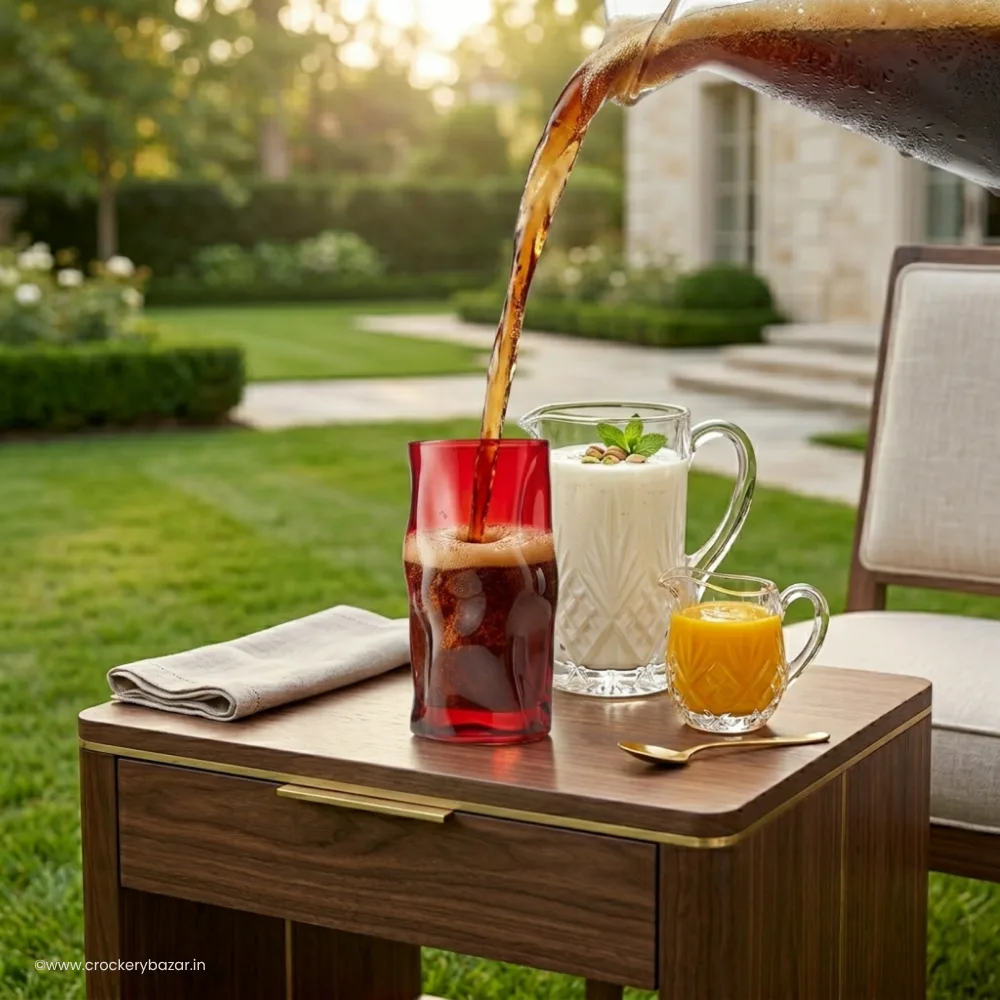 Cooler glasses set by Bormioli Rocco used for outdoor serving of chilled beverages juice and lassi in premium lawn table setup