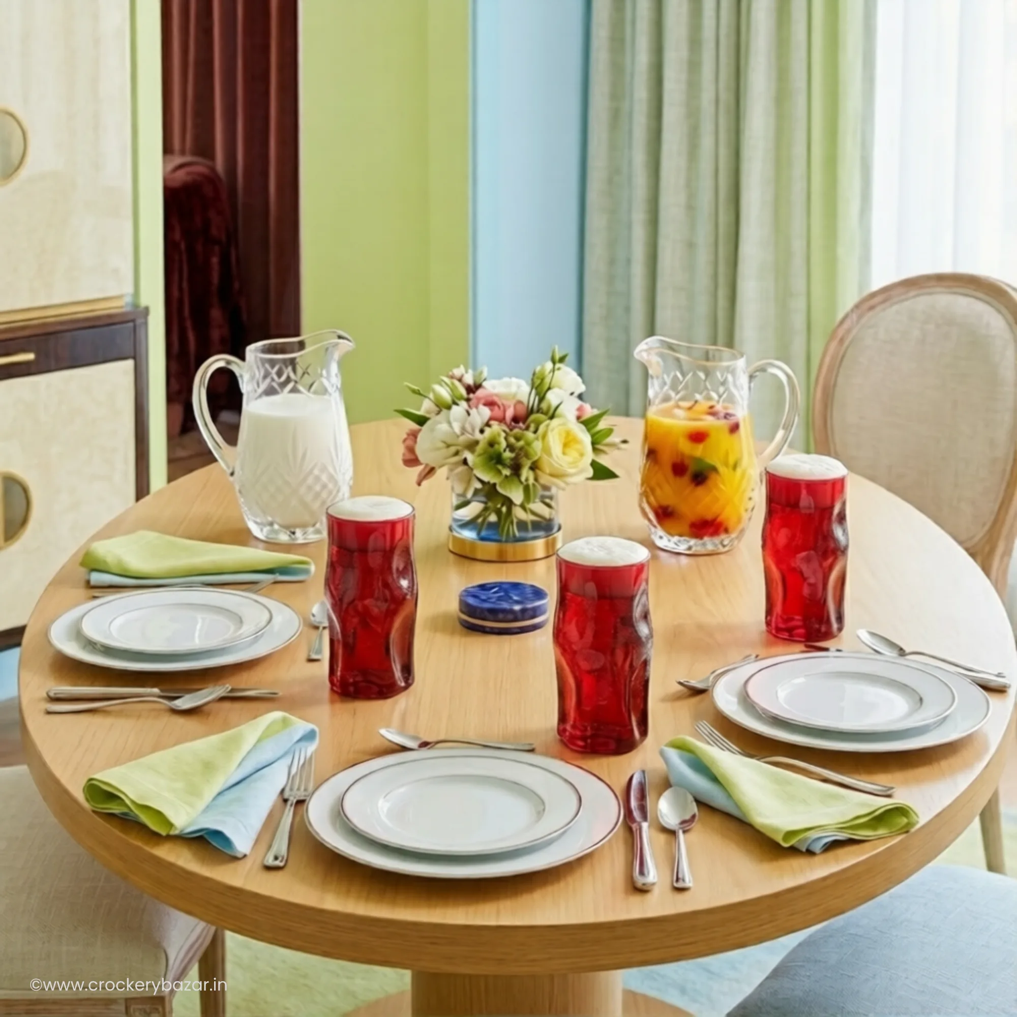 Bormioli Rocco red water and juice glasses arranged on premium dining table serving setup