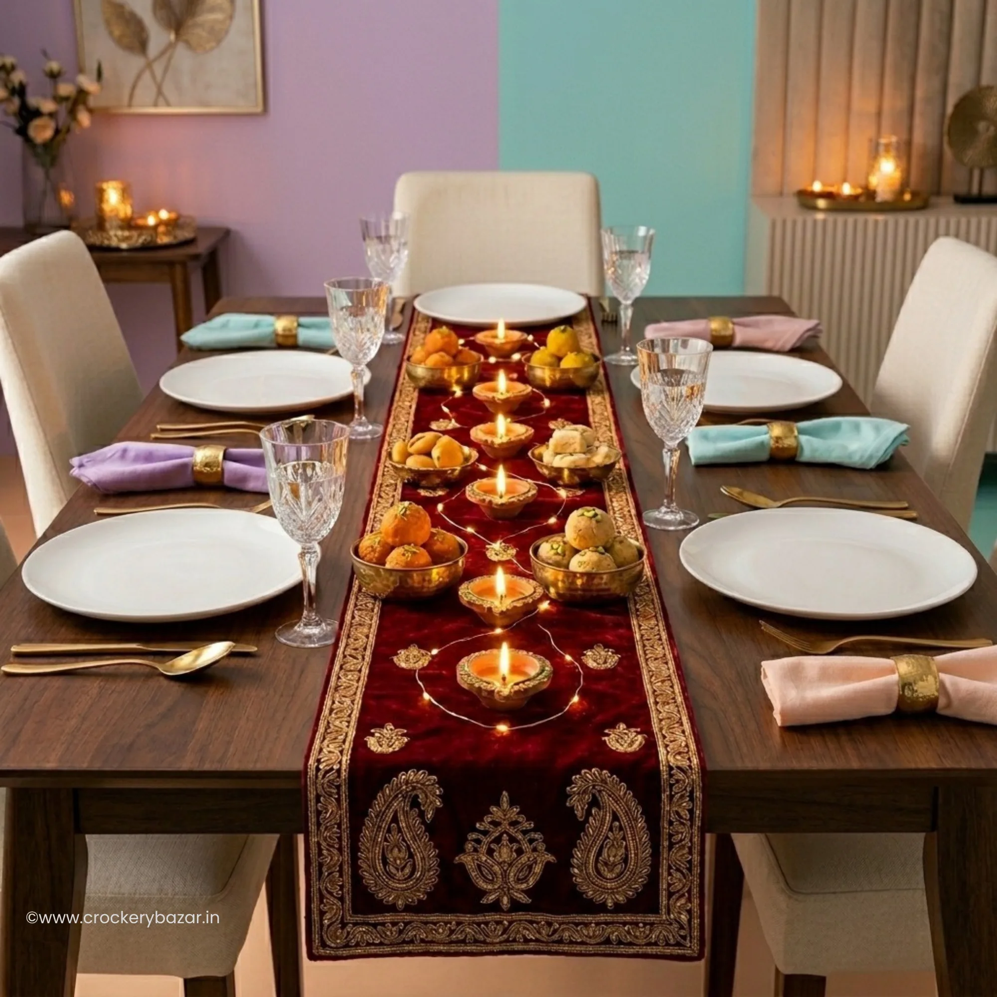Bormioli Rocco Ronda 27cm glass plates set of 6 arranged on a festive Diwali dining table ideal for luxury gifting