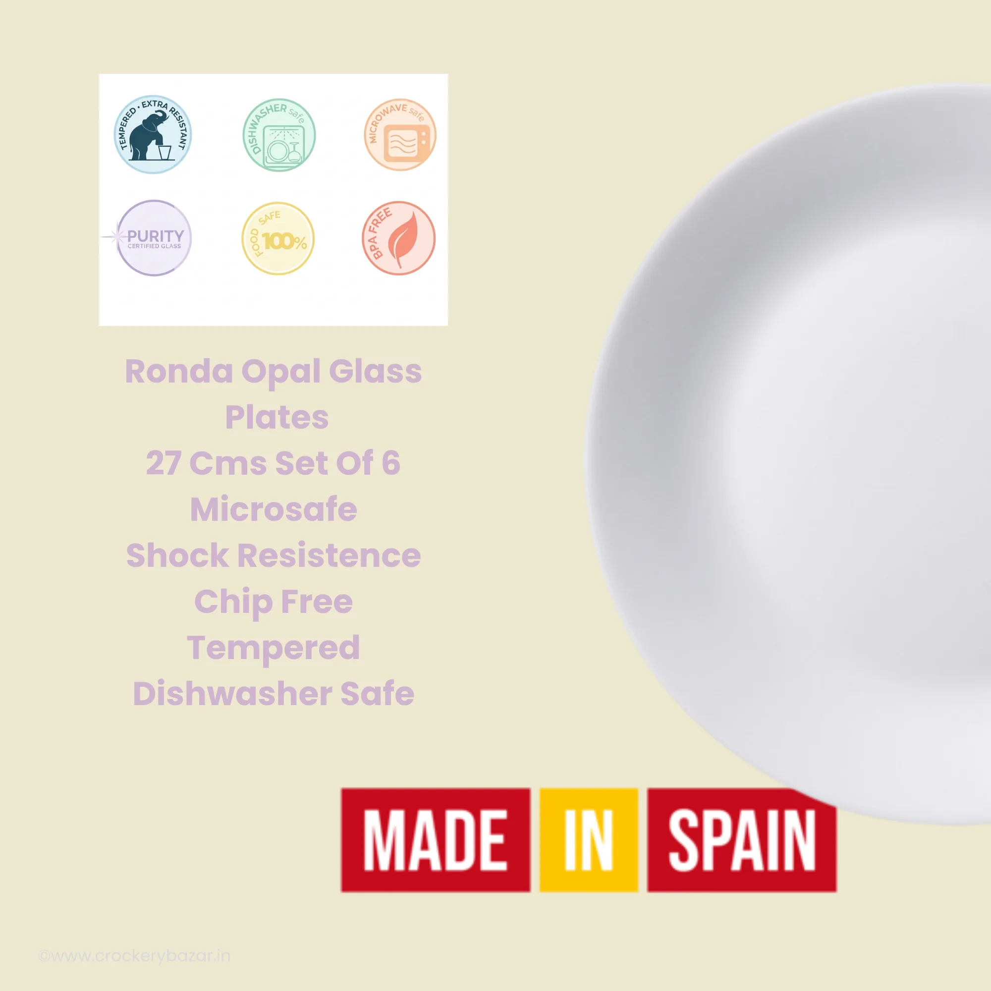 Bormioli Rocco Ronda 27cm opal glass dinner plates size specifications chart highlighting tempered microsafe shock resistance properties