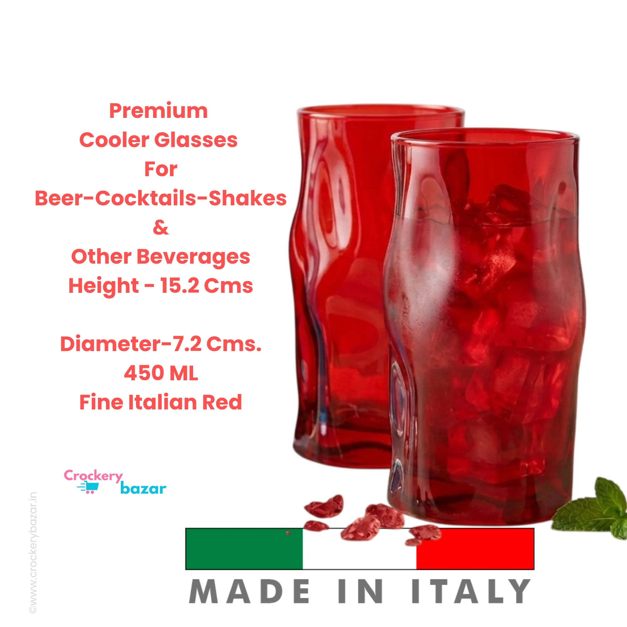 Bormioli Rocco Sorgente 450 ml red cooler glasses dimensions and specifications image showing height diameter and beverage usage