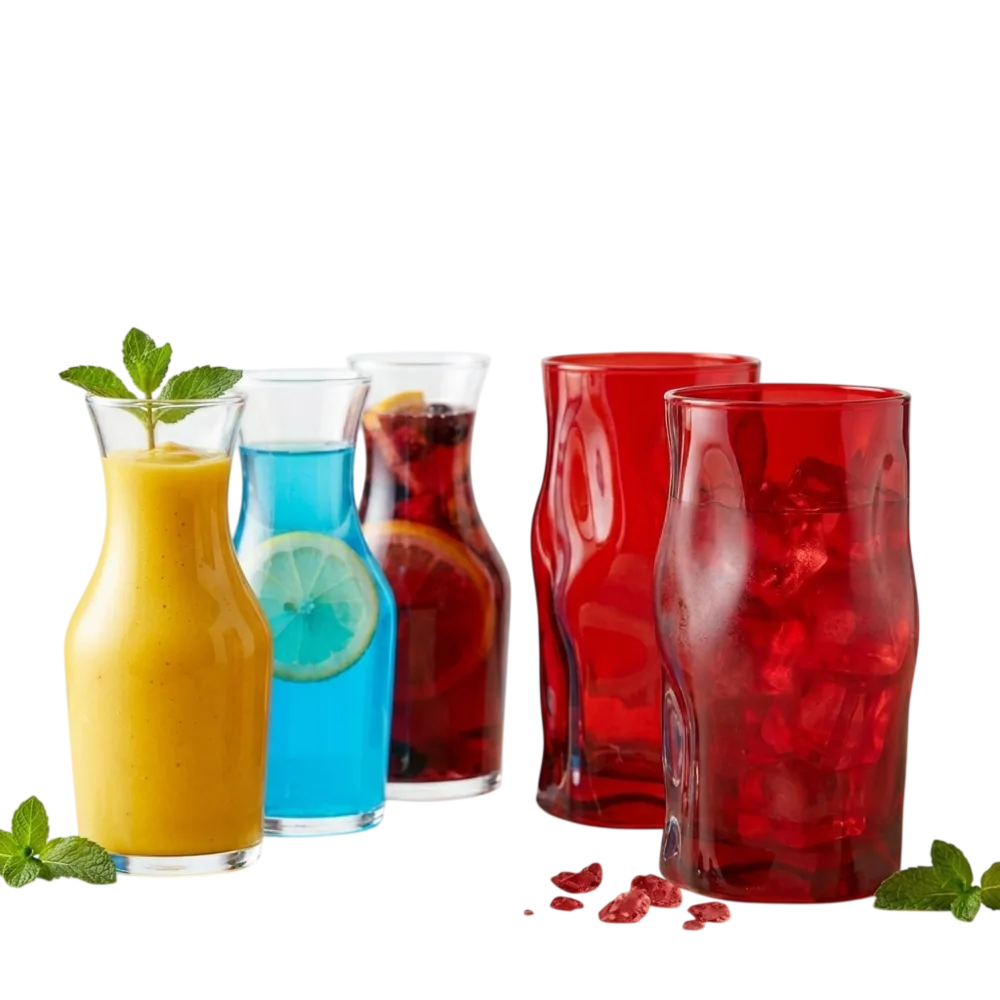 Cooler glasses set by Bormioli Rocco featuring Sorgente 450 ml red Italian glasses for juice mocktails iced drinks shakes and cold beverages