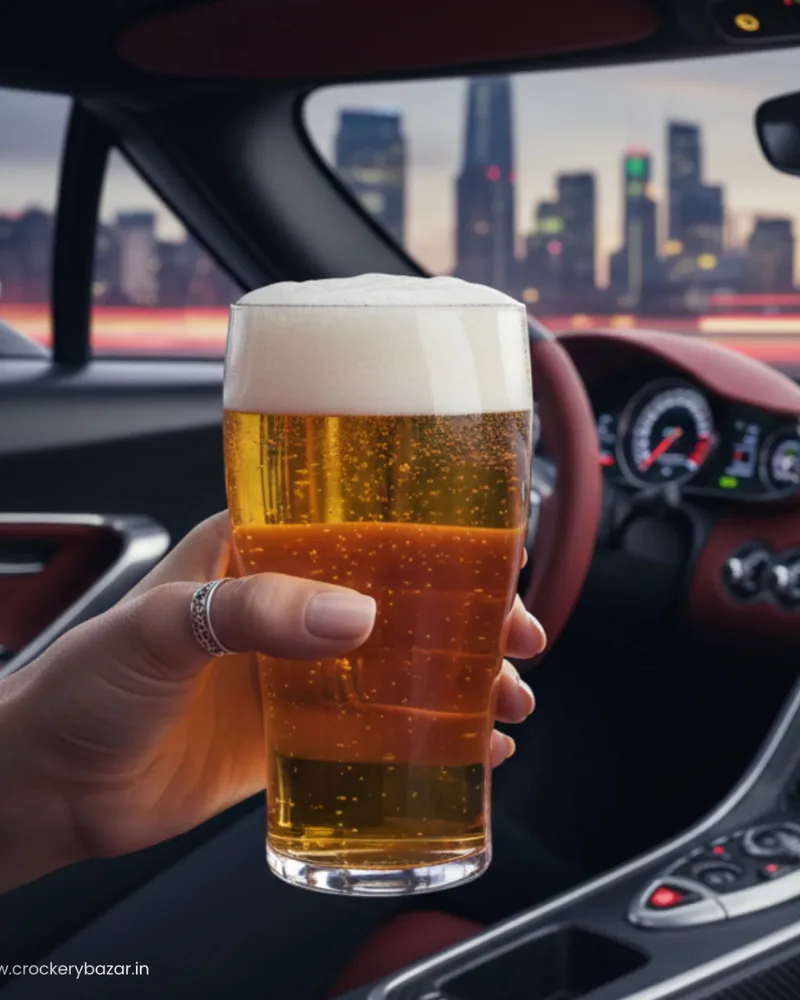 A 550 ml beer glass held in a car interior setting