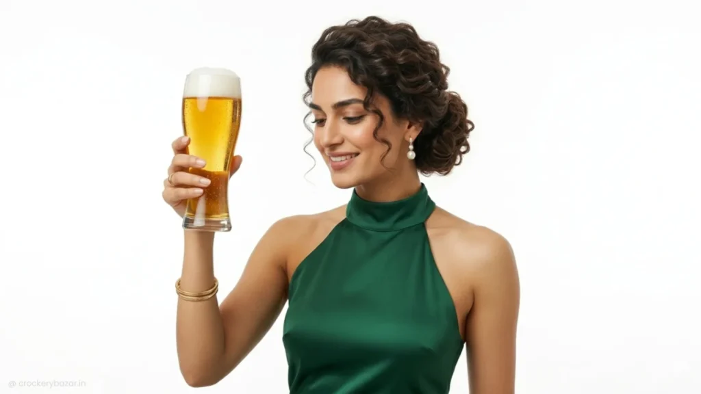 woman holding a tall beer glass showing correct beer glass size selection