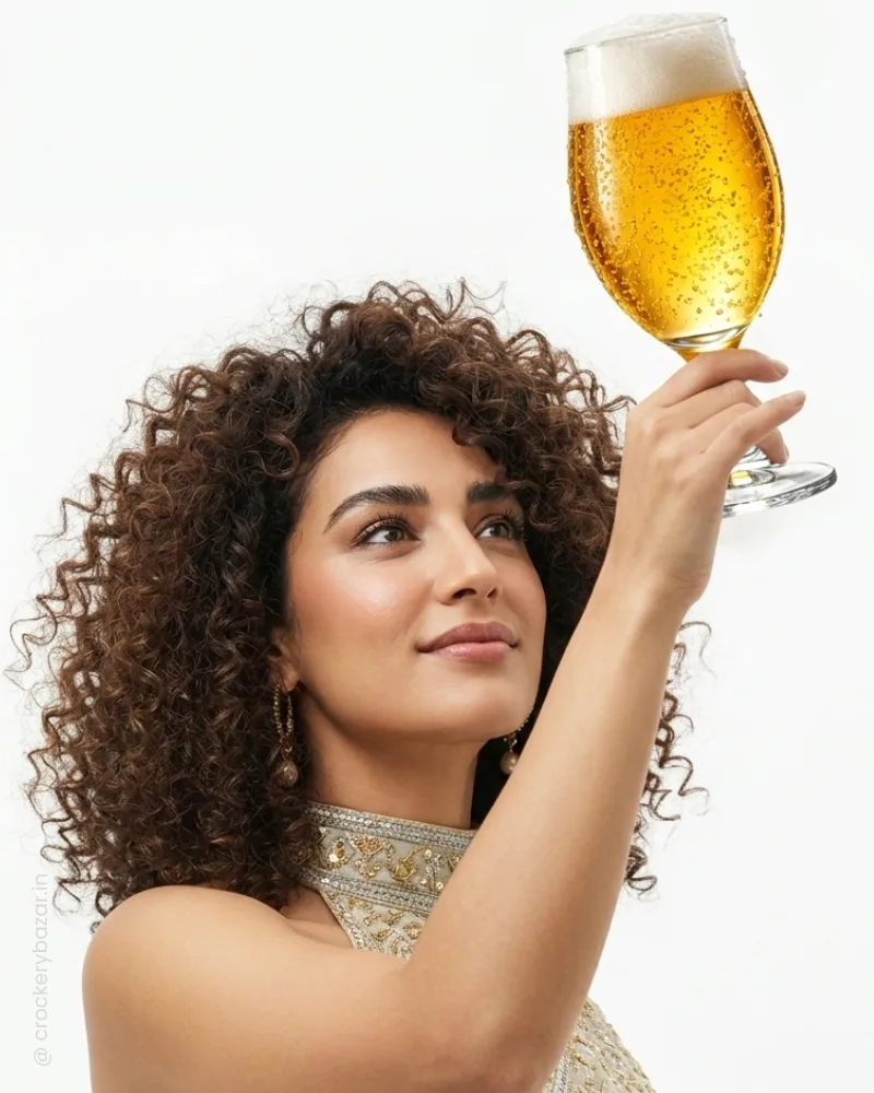 Holding beer glass showing ideal serving size and foam level for lager