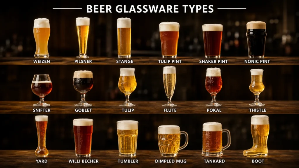 Comprehensive infographic showing eighteen different types of beer glassware arranged on wooden shelves.