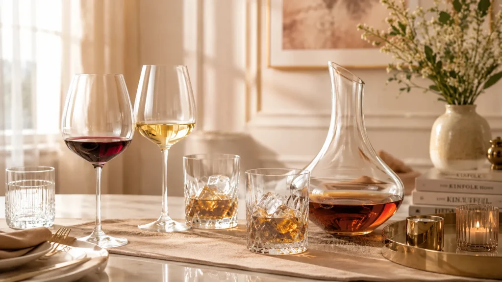 Premium glassware and drinkware featured in a lifestyle setting for glassware buying guides, home bar inspiration and entertaining
