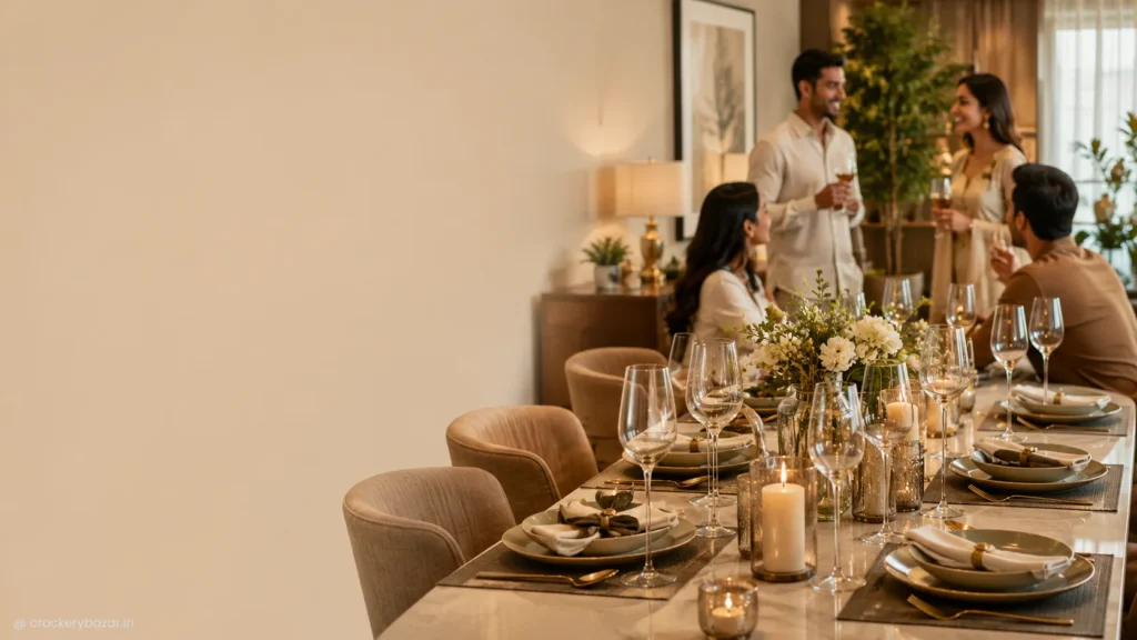 Friends and family enjoying a premium home dining and entertaining experience with elegant glassware and table setting