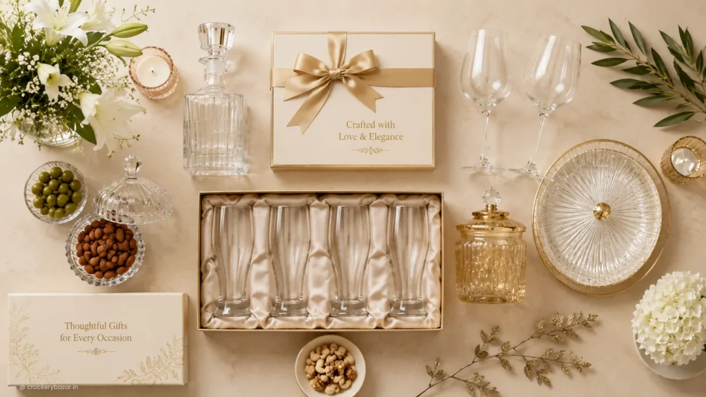 Luxury glassware gift collection featuring beer glasses, crystal decanter, wine glasses and decorative glass accessories