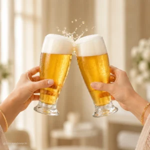 Premium Nadir Munich 200ml beer glass set being used to toast with fresh, cold lager beer featuring rich froth, exclusively available at Crockery Bazar.