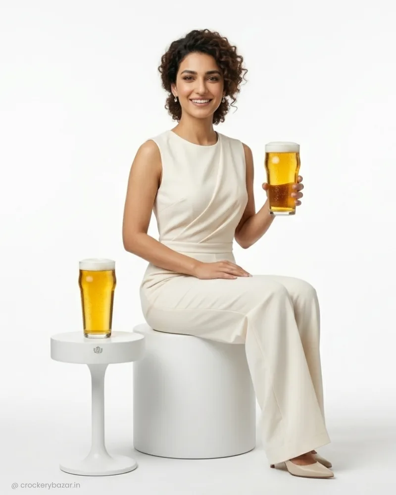 A smiling woman holding a 550 ml nonic beer glass, with another glass resting on a stool beside her.