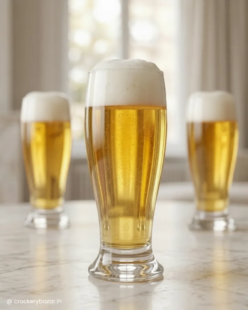 Close-up of a filled pilsner beer glass with a thick foam head on a marble surface.