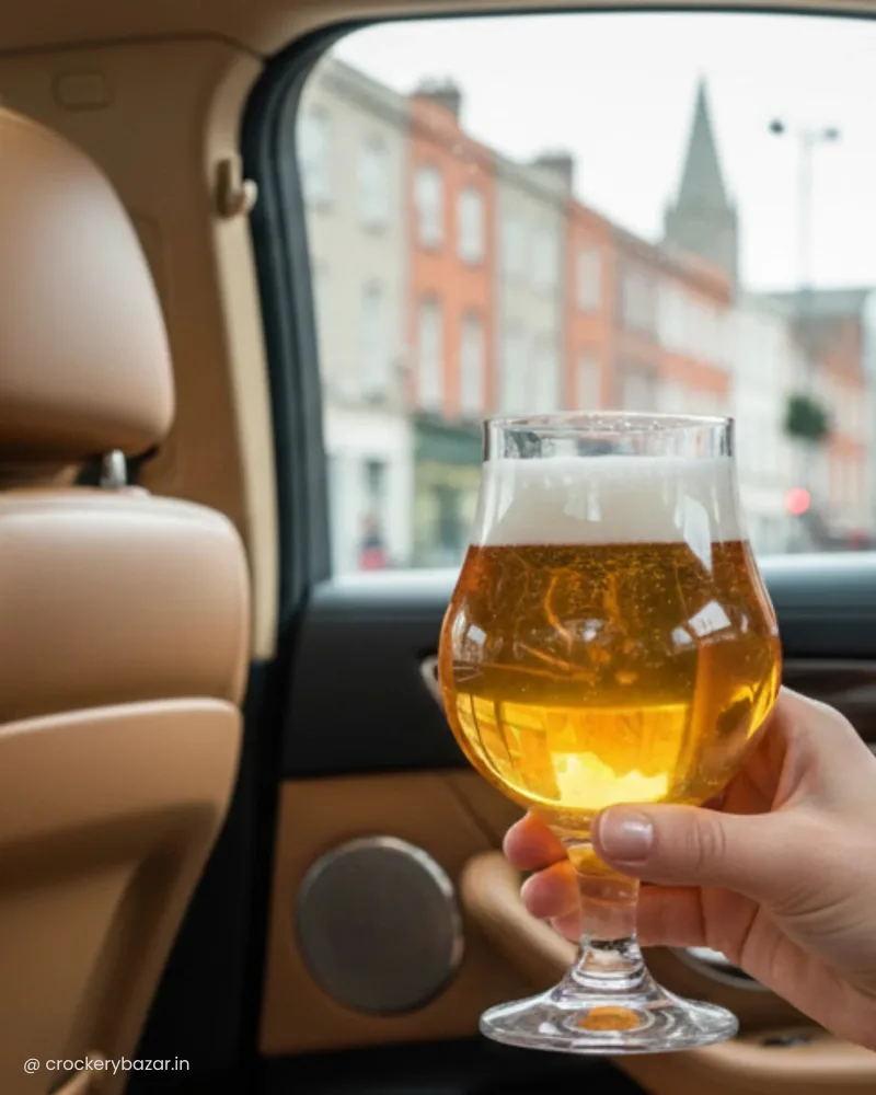 400 ml pot belly beer glass filled with golden lager beer and a foamy head